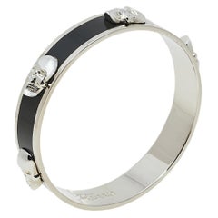 Alexander McQueen 3D Skull Black Enamel Silver Tone Bangle Bracelet