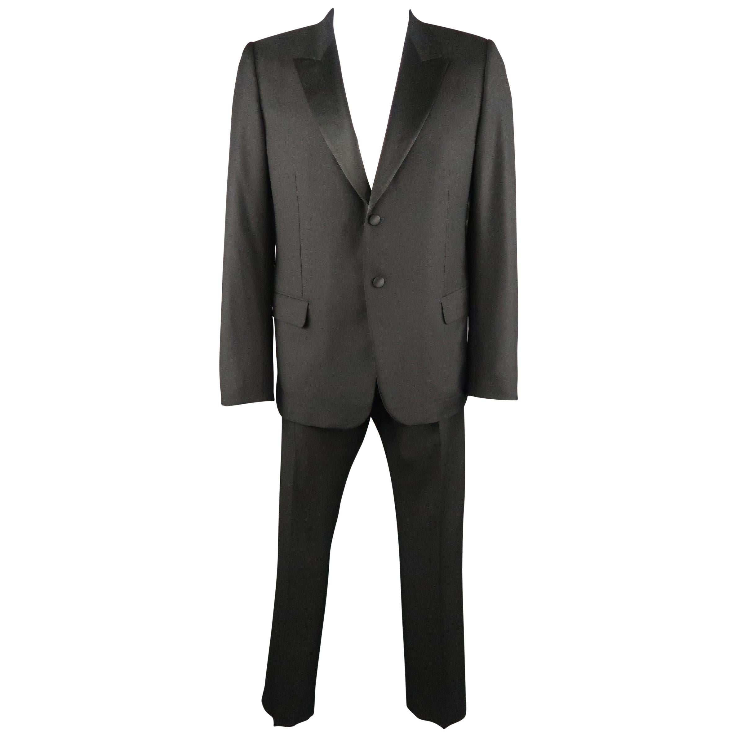 ALEXANDER MCQUEEN 44 Black Peak Satin Lapel Satin Tuxedo Suit