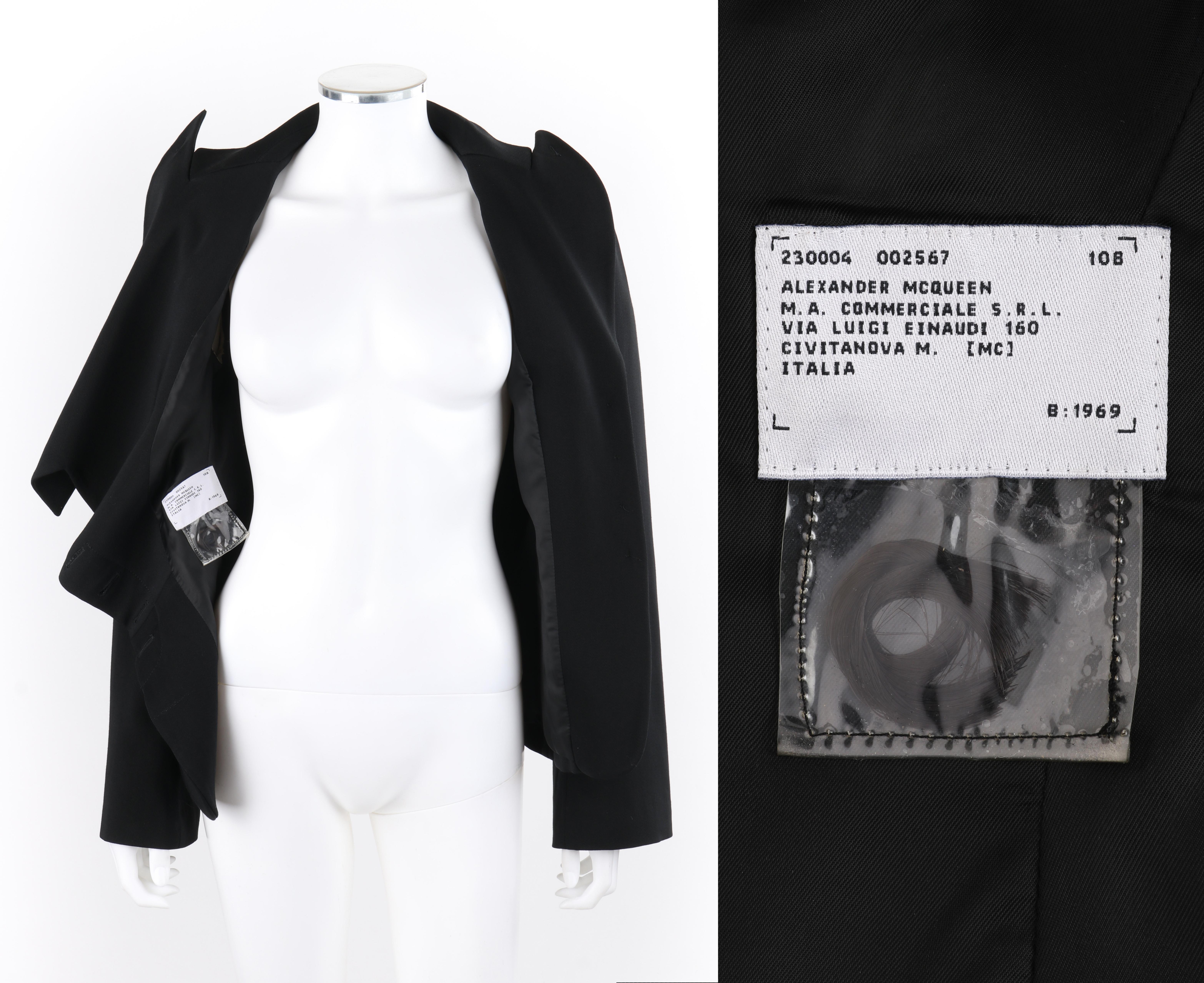 ALEXANDER McQUEEN A/W 1996 “Dante” Black Blazer Jacket w/ Hair + Birth Label

Brand / Manufacturer: Alexander McQueen
Collection: A/W 1996 “Dante”- Runway look #71
Designer: Alexander McQueen
Style: Asymmetric blazer jacket
Color(s): Black
Lined: