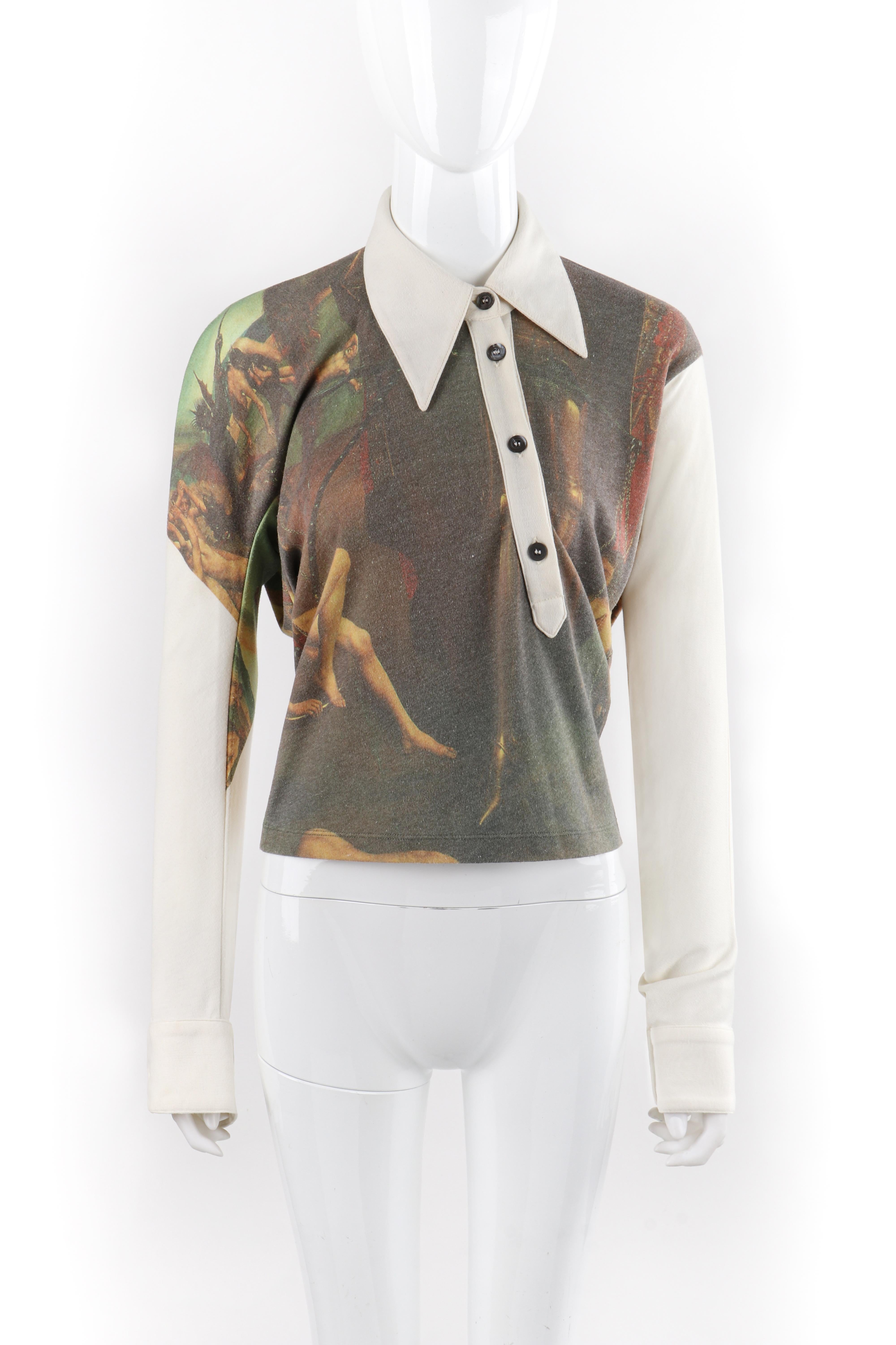 ALEXANDER McQUEEN A/W 1997 Roman Print Old Masters Asymmetric Button Front Shirt
 
Brand / Manufacturer: Alexander McQueen 
Collection: A/W 1997
Style: Button front shirt
Color(s): Multicolored
Lined: No
Marked Fabric Content: 65% polyester, 35%