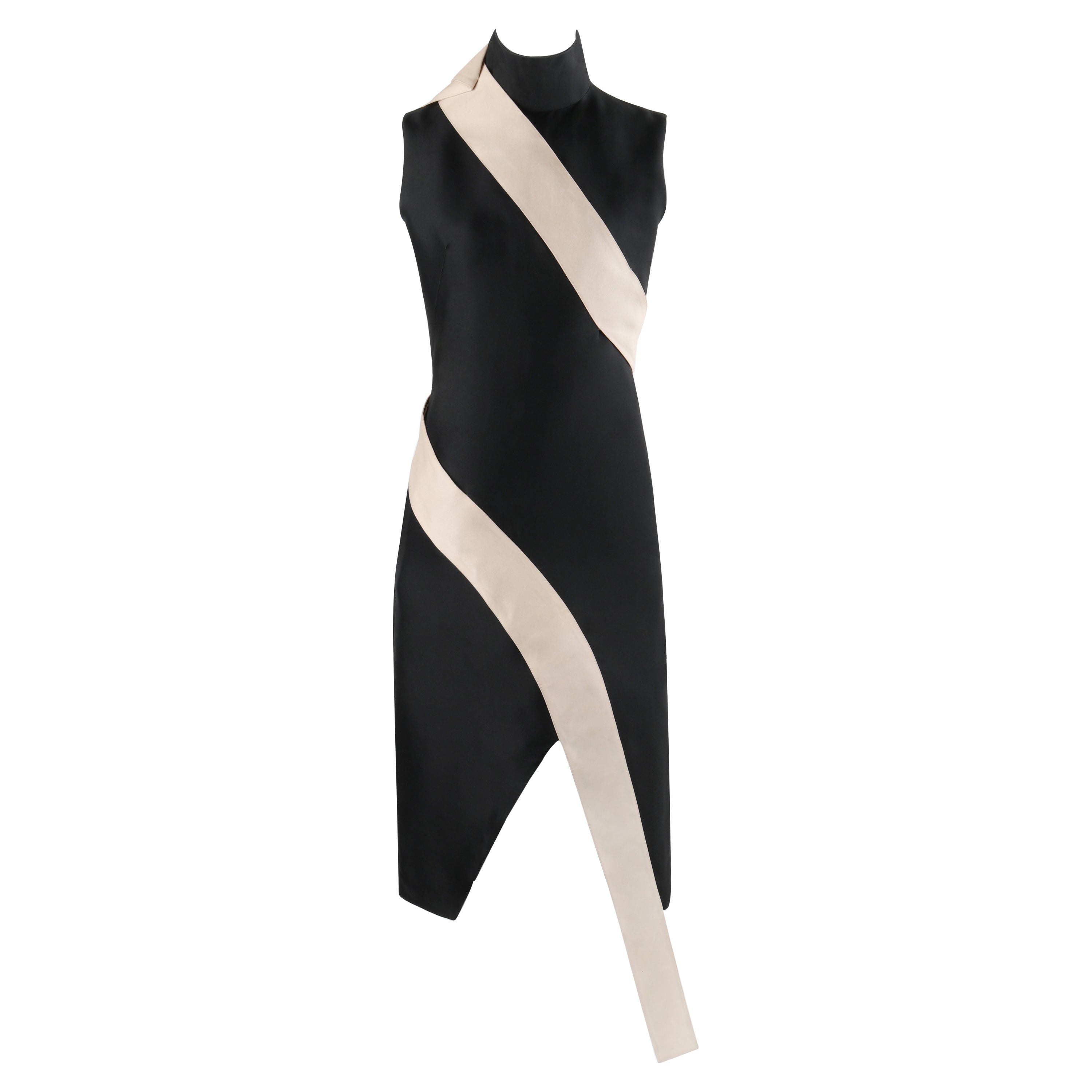 ALEXANDER McQUEEN A/W 1998 Vestido de Cóctel con Cuello Cocktail con Inserción de Lazo Negro Marfil