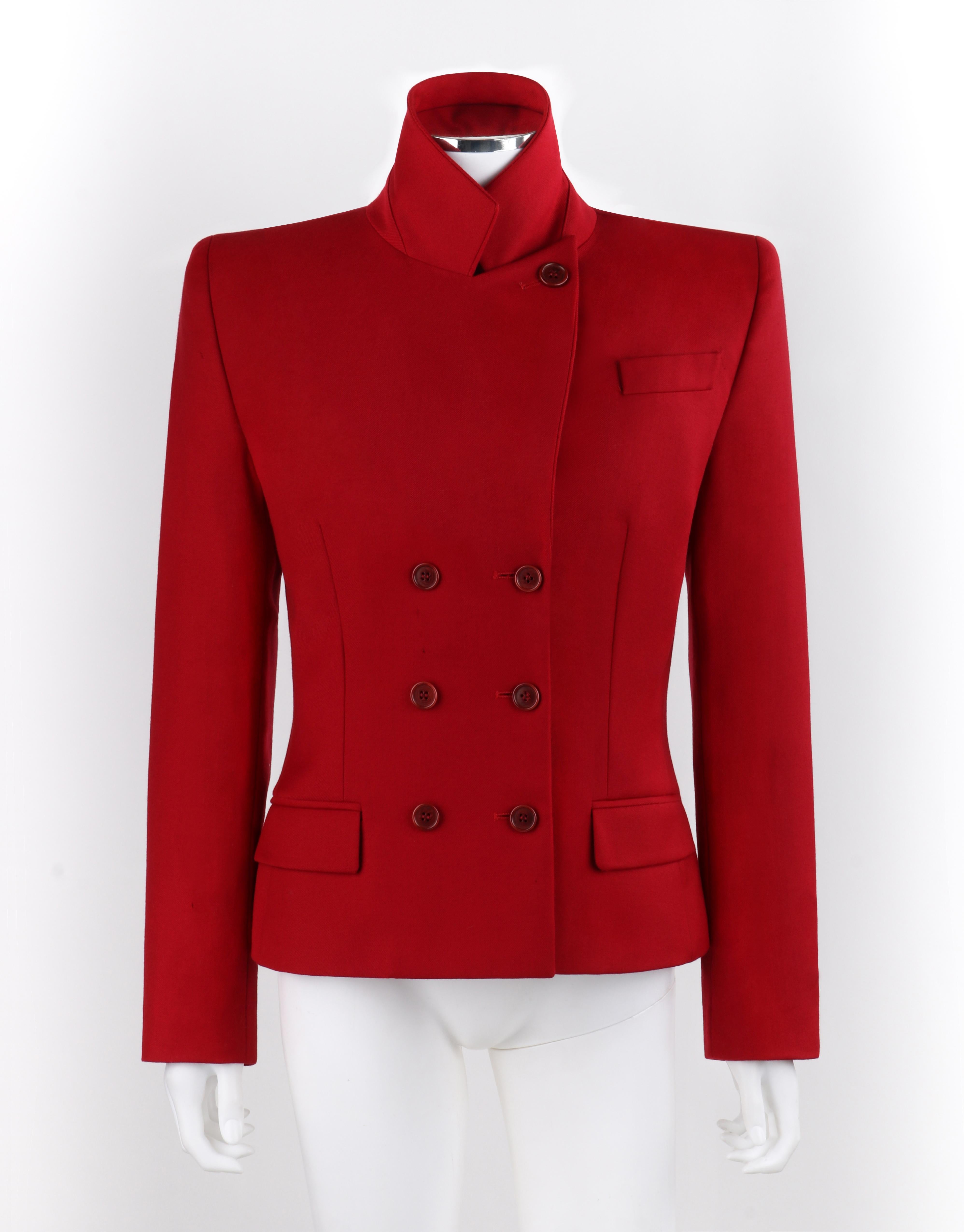 ALEXANDER McQUEEN A/W 1998 “Joan” Red Double Breasted Button Up Blazer Jacket
 
Brand / Manufacturer: Alexander McQueen
Collection: A/W 1998 “Joan” 
Designer: Alexander McQueen
Style: Blazer Jacket
Color(s): Red
Lined: Yes
Marked Fabric Content: