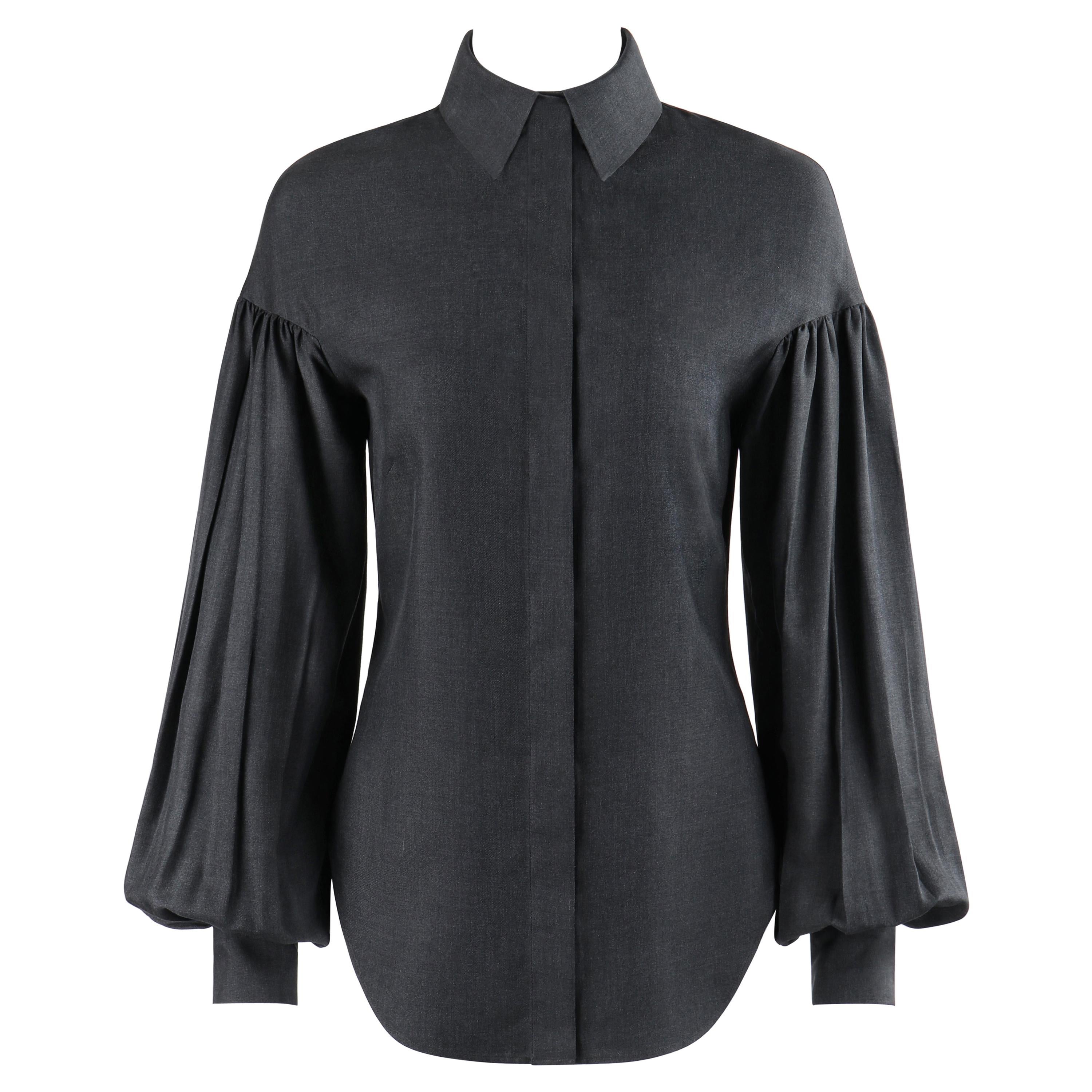  ALEXANDER McQUEEN A/W 1999 “The Overlook” Dark Gray Pleated Bishop Sleeve Top For Sale