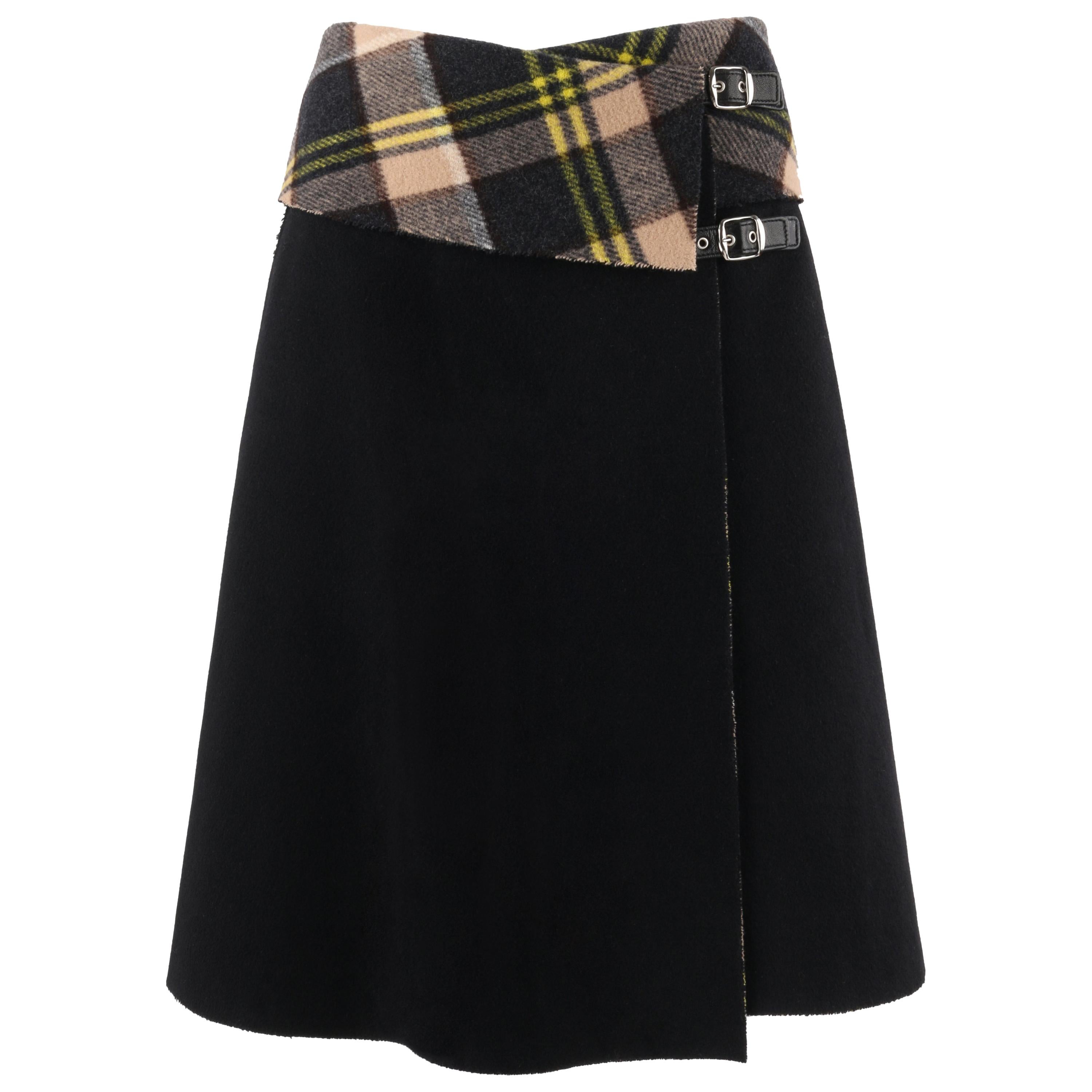 ALEXANDER McQUEEN A/W 2000 "Eshu" Black & Plaid Boiled Wool Fold Top Wrap Skirt