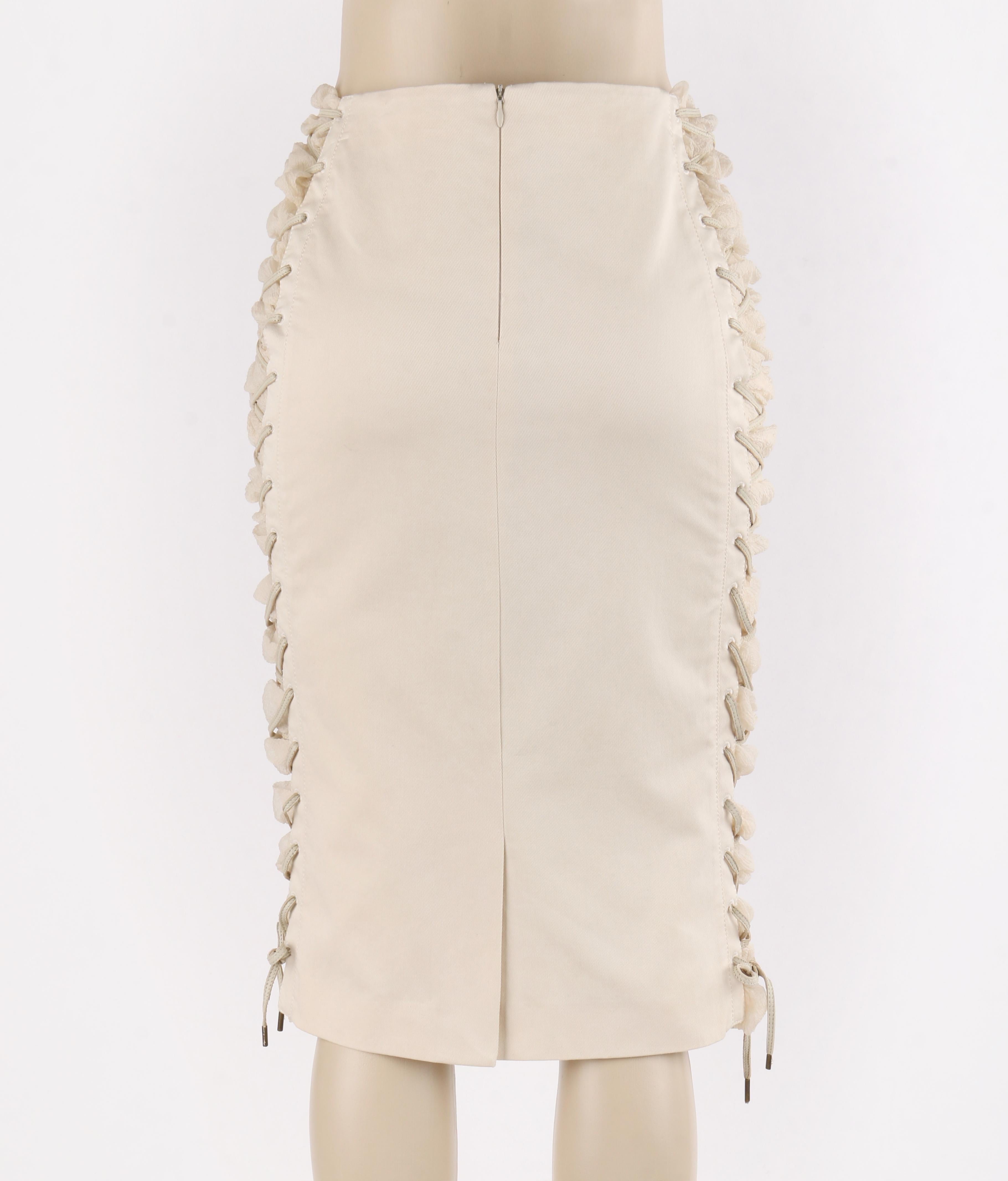 Beige ALEXANDER McQUEEN A/W 2002 “Supercalifragilistic” Silk Lace Up Pencil Skirt For Sale