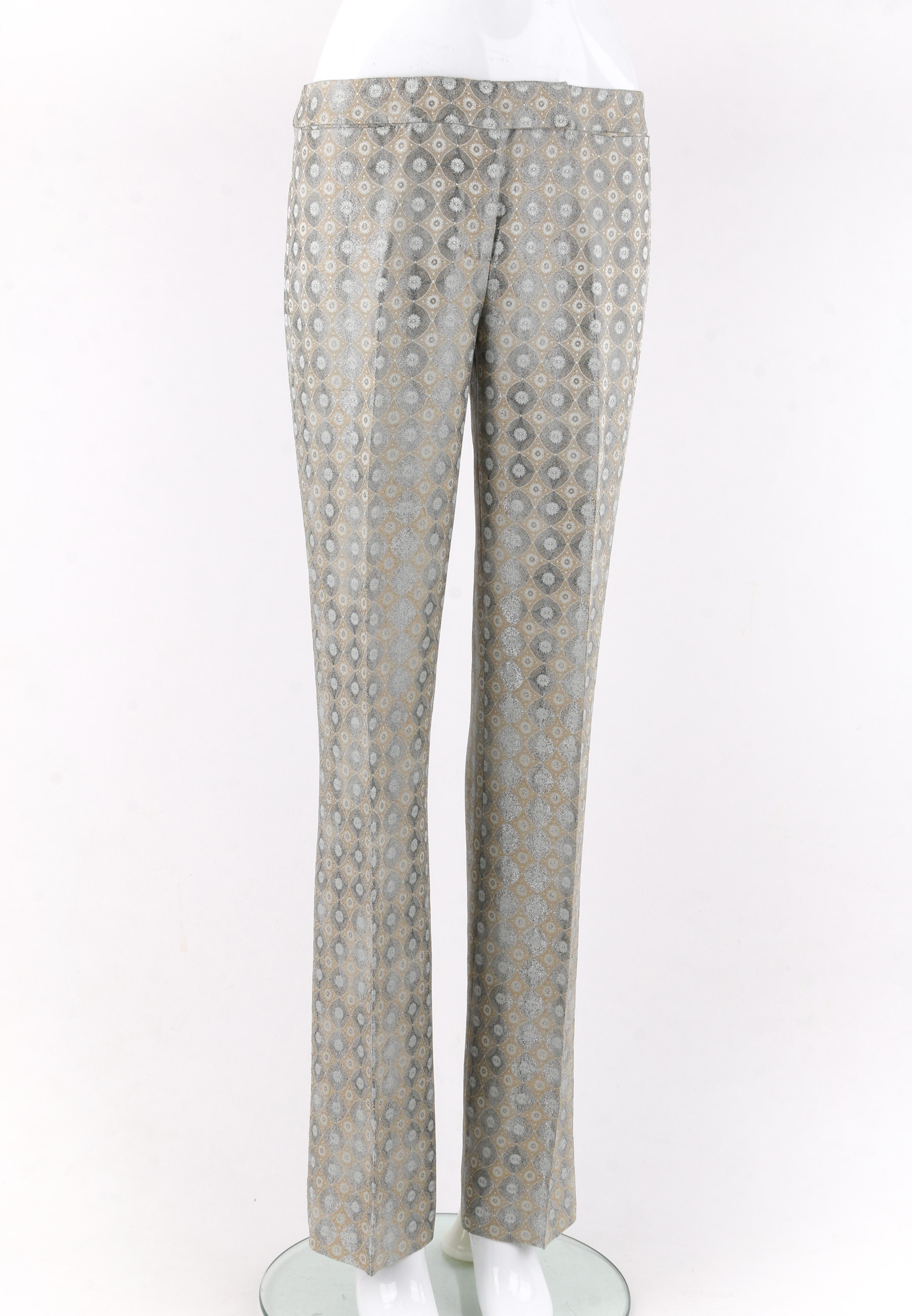 ALEXANDER McQUEEN A/W 2003 “Scanners” Metallic Geometric Boot-cut Pants Trousers
 
Brand / Manufacturer: Alexander McQueen 
Collection: Autumn / Winter 2003 “Scanners”
Style: Trousers, slacks, pants
Color(s): Shades of beige, tan, off-white, silver