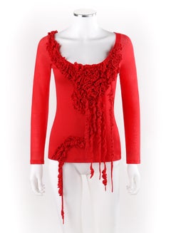 ALEXANDER McQUEEN A/W 2005 Red Long Sleeve Boat / Scoop Neck Flower Ruffle Top