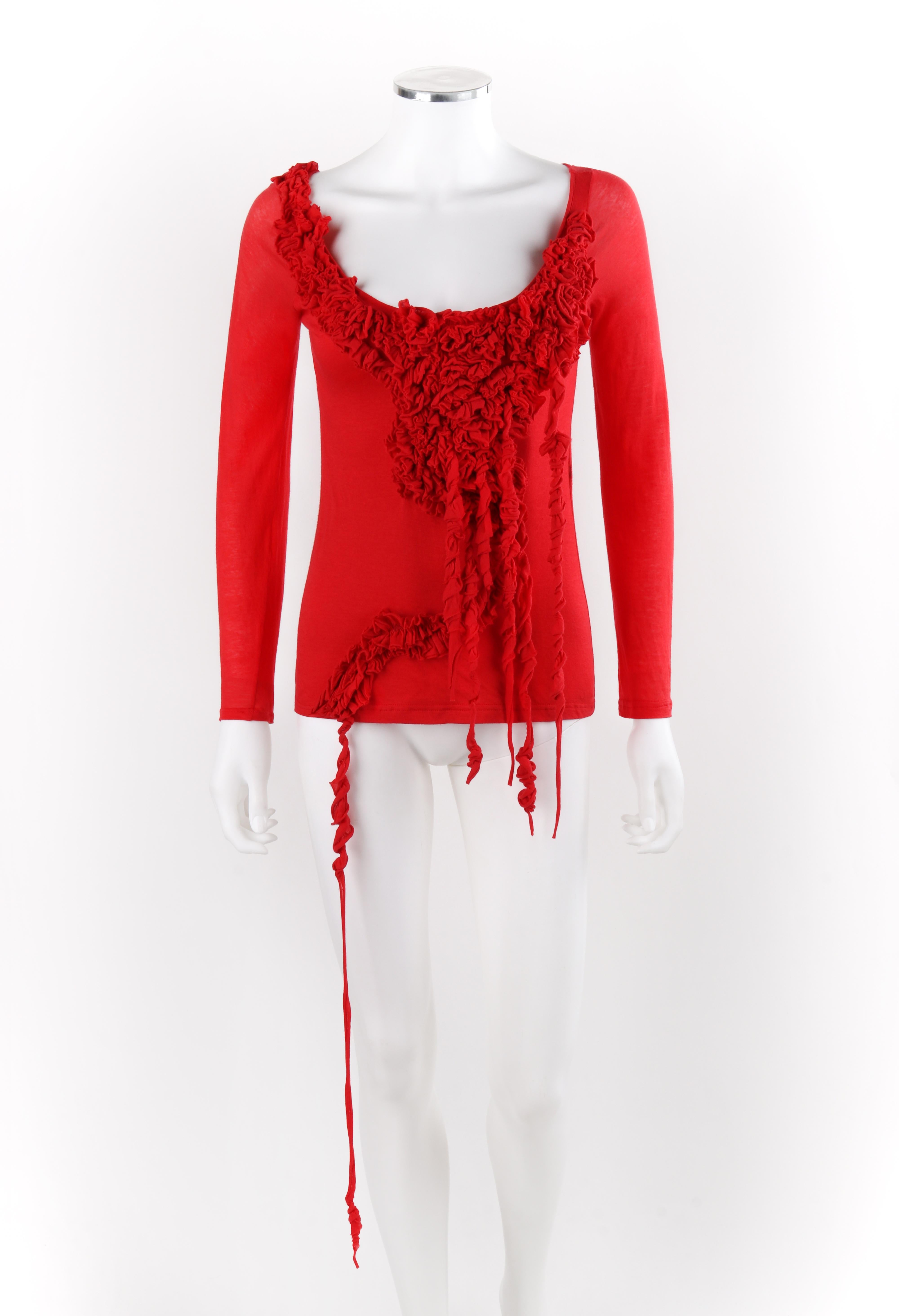 ALEXANDER McQUEEN A/W 2005 Red Long Sleeve Boat / Scoop Neck Flower Ruffle Top  In Good Condition In Thiensville, WI