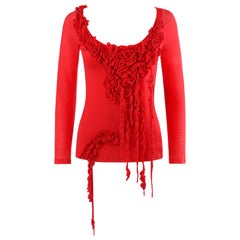 ALEXANDER McQUEEN A/W 2005 Red Long Sleeve Boat / Scoop Neck Flower Ruffle Top 