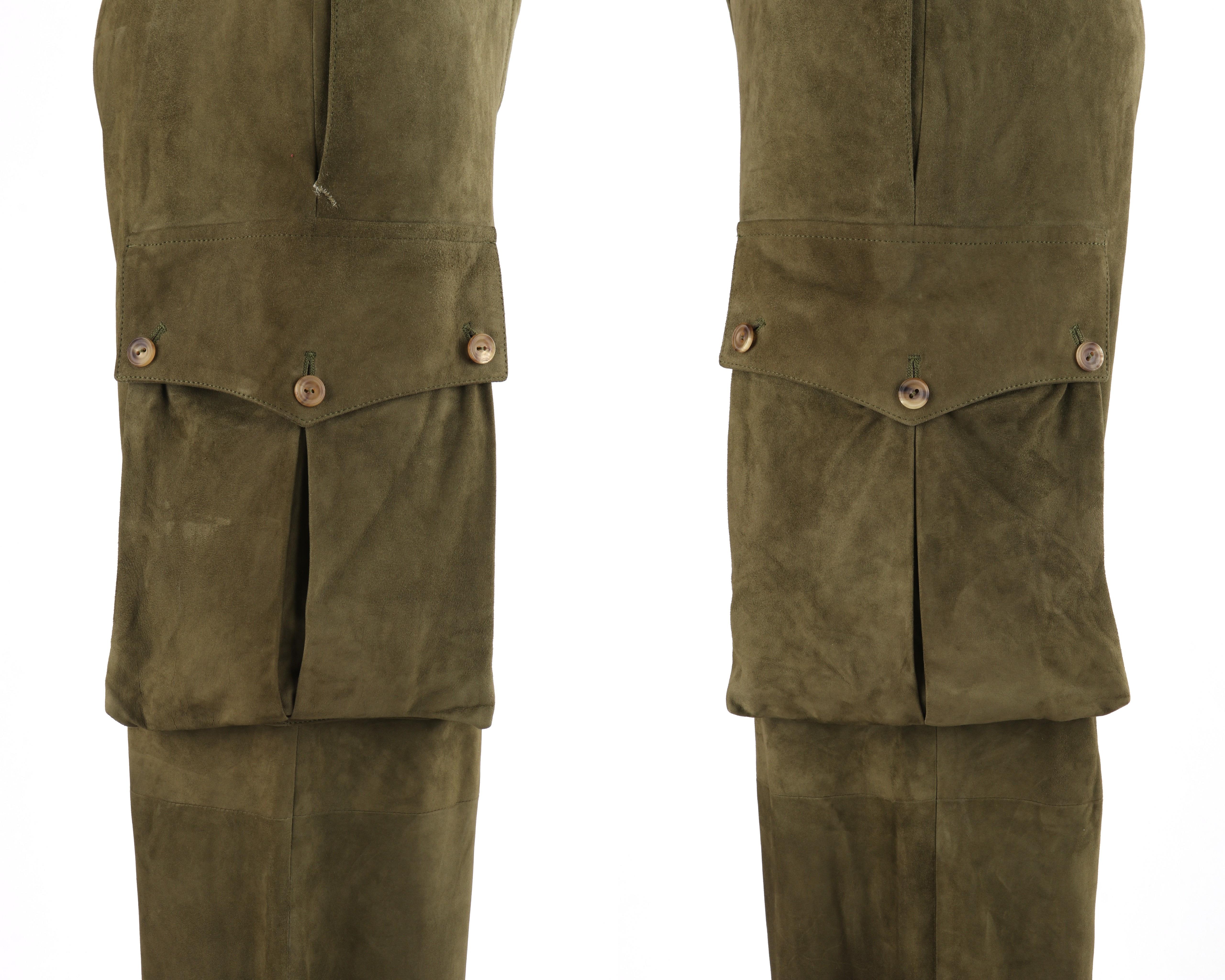 Black ALEXANDER McQUEEN A/W 2009 Army Green Suede Leather Cargo Pant Fold Over Joggers For Sale