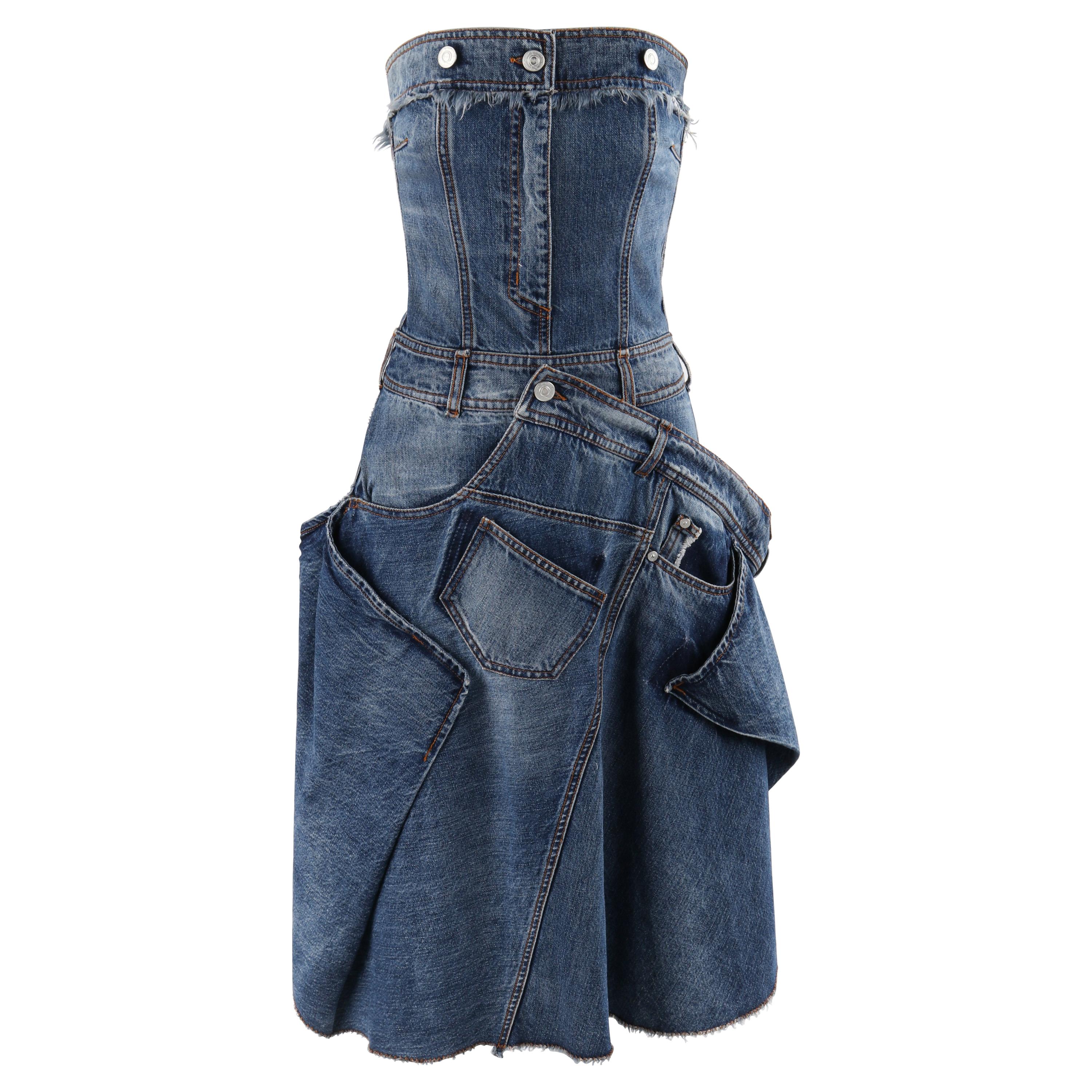 ALEXANDER McQUEEN A/W 2010 Patchwork Deconstructed Denim Jeans Strapless Dress For Sale