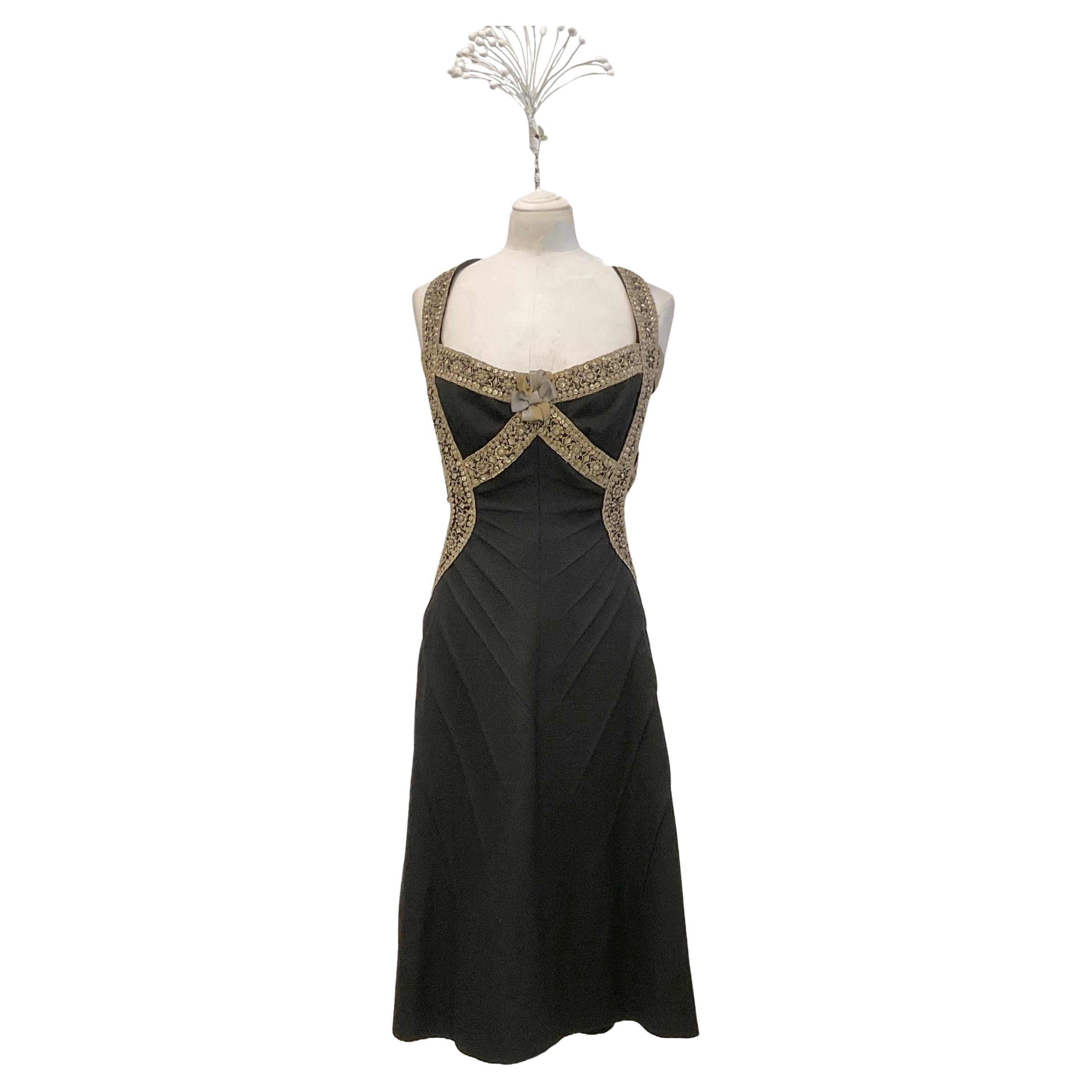 ALEXANDER McQUEEN Black dress with slip neckline, wool with embroidery  For Sale