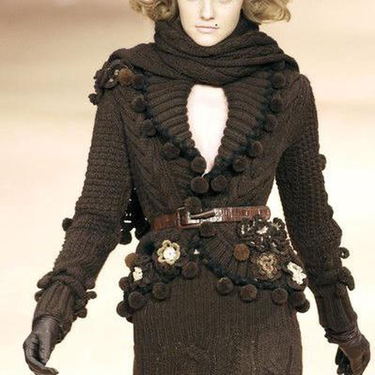 Iconic Alexander McQueen Alpaca/Wool Cardigan featured on 2005 Paris Fashion Week. Made in Italy. Crochet, Ruffle and Pom-Pom accents.
