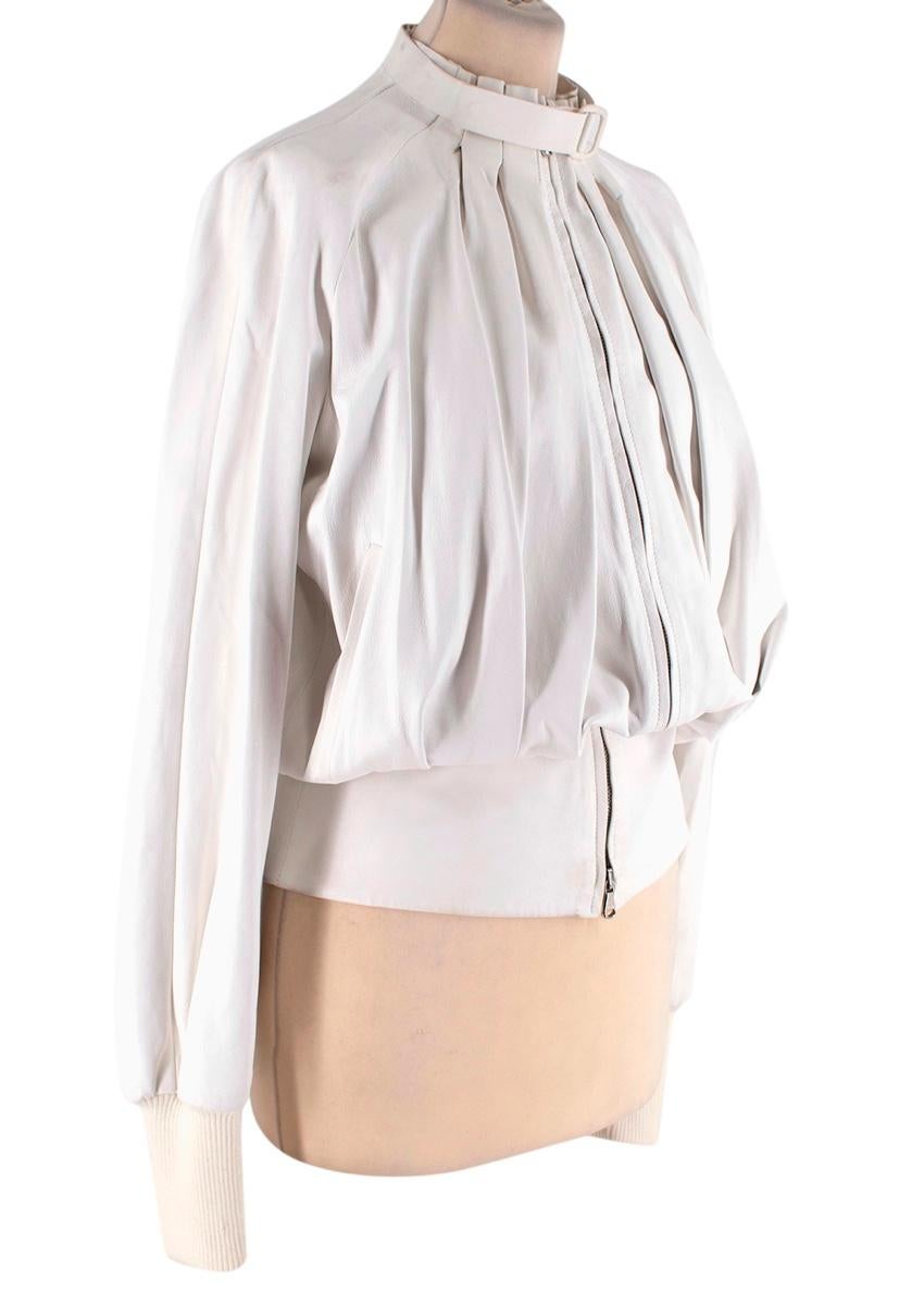 Alexander McQueen Archive White Leather Blouson Jacket
 

 - Archive piece from early 2000's Lee McQueen era
 - Stand collar with tab fastening
 - Blouson effect created through linear pleated bodice
 - Raglan inset sleeve with ribbed cuff
 -