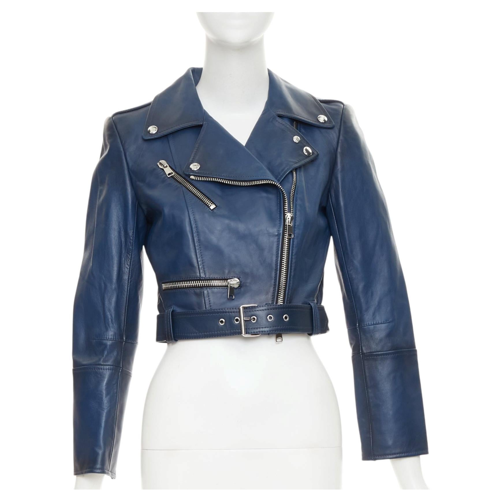 ALEXANDER MCQUEEN Asymmetric blue leather belted cropped biker outerwear IT40 S For Sale