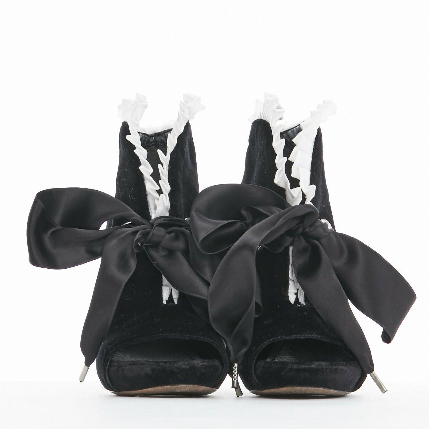 Black ALEXANDER MCQUEEN AW14 white pleat trim satin bow black velvet ankle boots EU37