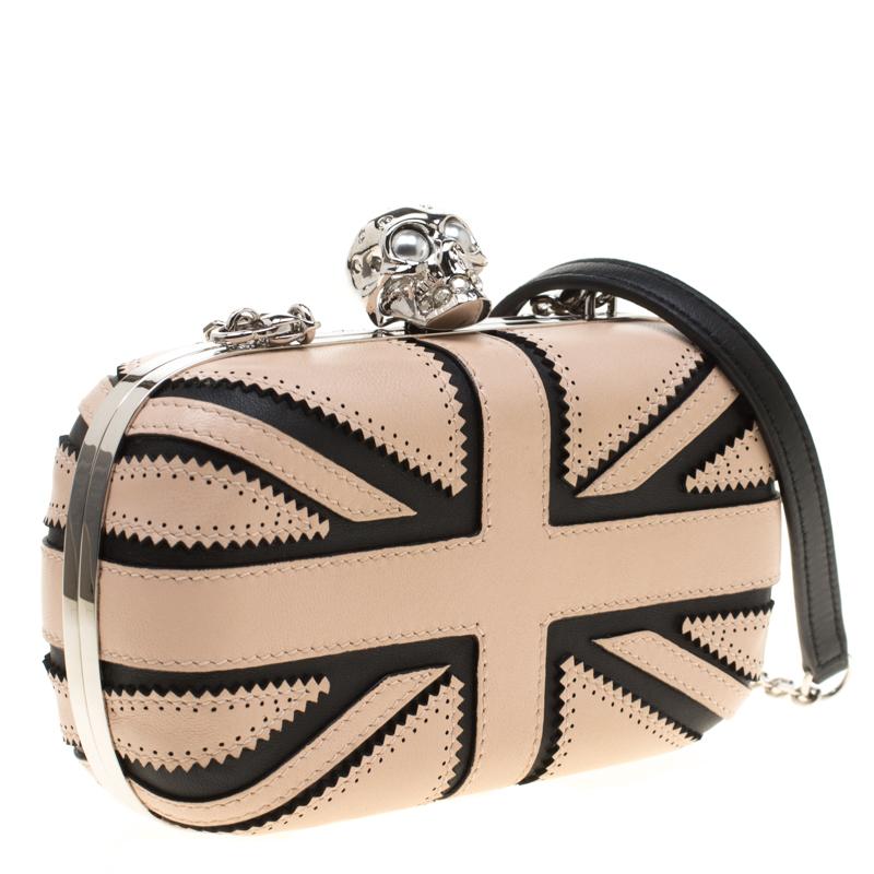 Alexander McQueen Beige/Black Leather Patchwork Britannia Skull Box Clutch 3