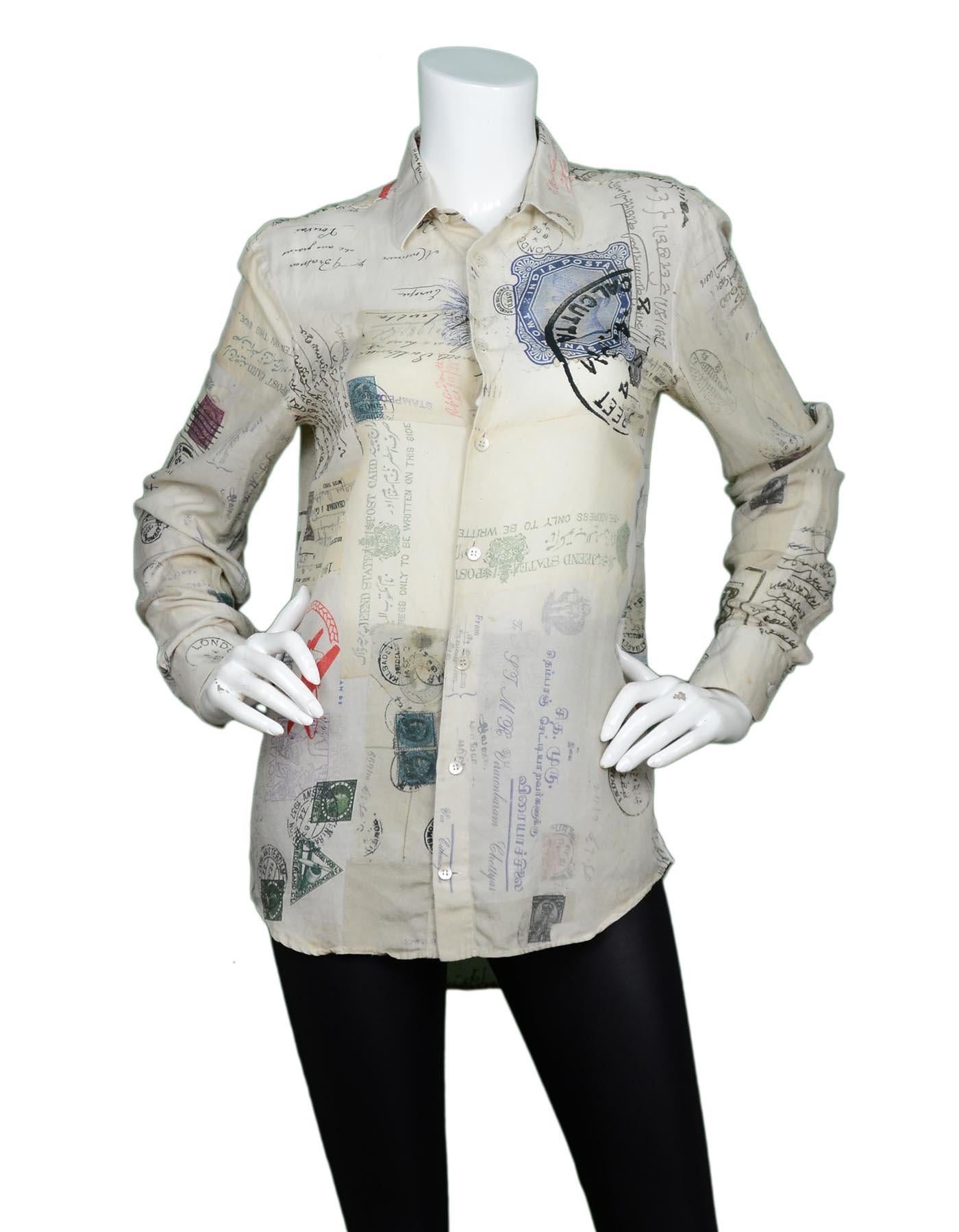 Alexander McQueen Beige Cotton/Silk Longsleeve Postcard Blouse Sz S

Made In: Romania
Color: Beige, multi-color
Materials: 63% cotton, 37% silk
Opening/Closure: Button down
Overall Condition: Excellent pre-owned condition 

Measurements: 
Shoulder