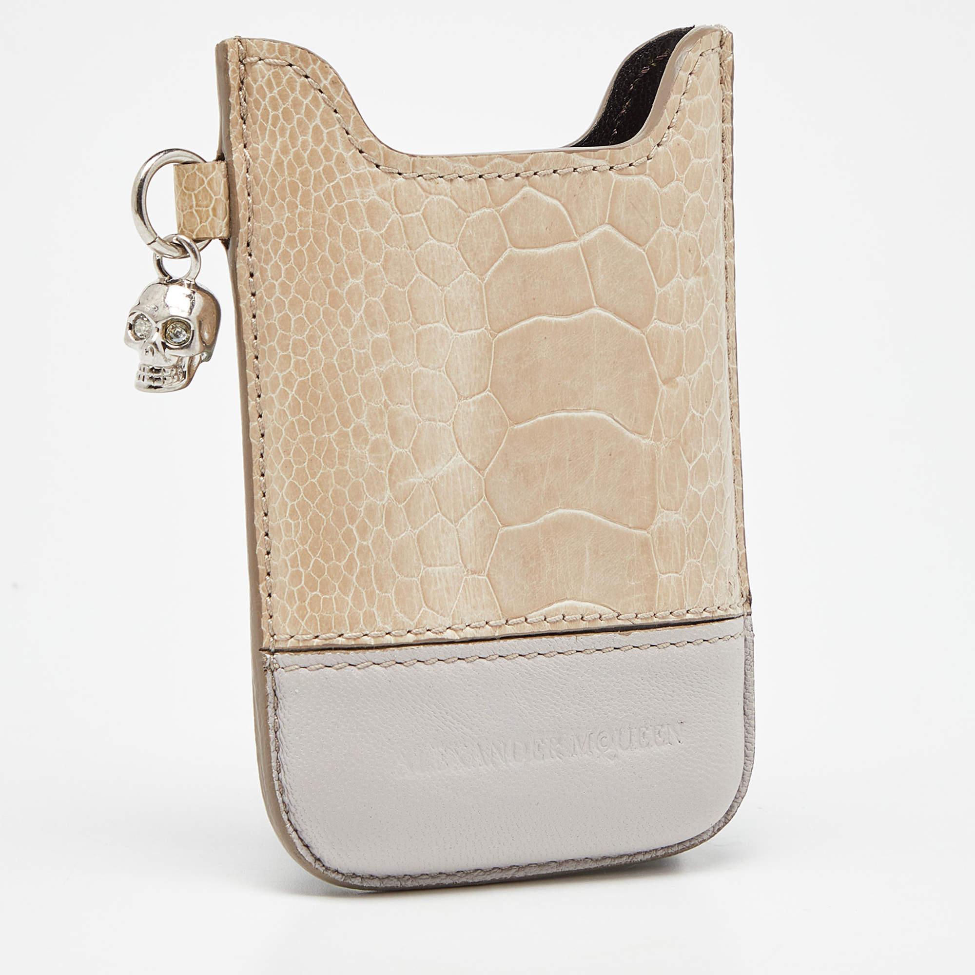 Alexander Mcqueen Beige Croc Embossed and Leather Phone Case For Sale 8