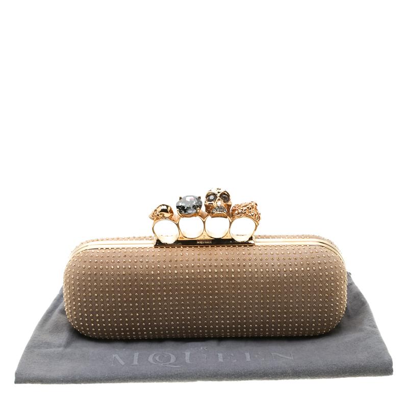 Alexander McQueen Beige Nubuck Leather Studded Skull Knuckle Clutch 5