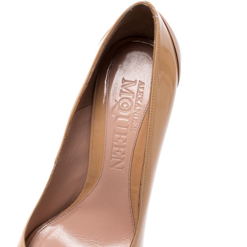 Alexander McQueen Beige Patent Leather Peep Toe Pumps Size 38 2