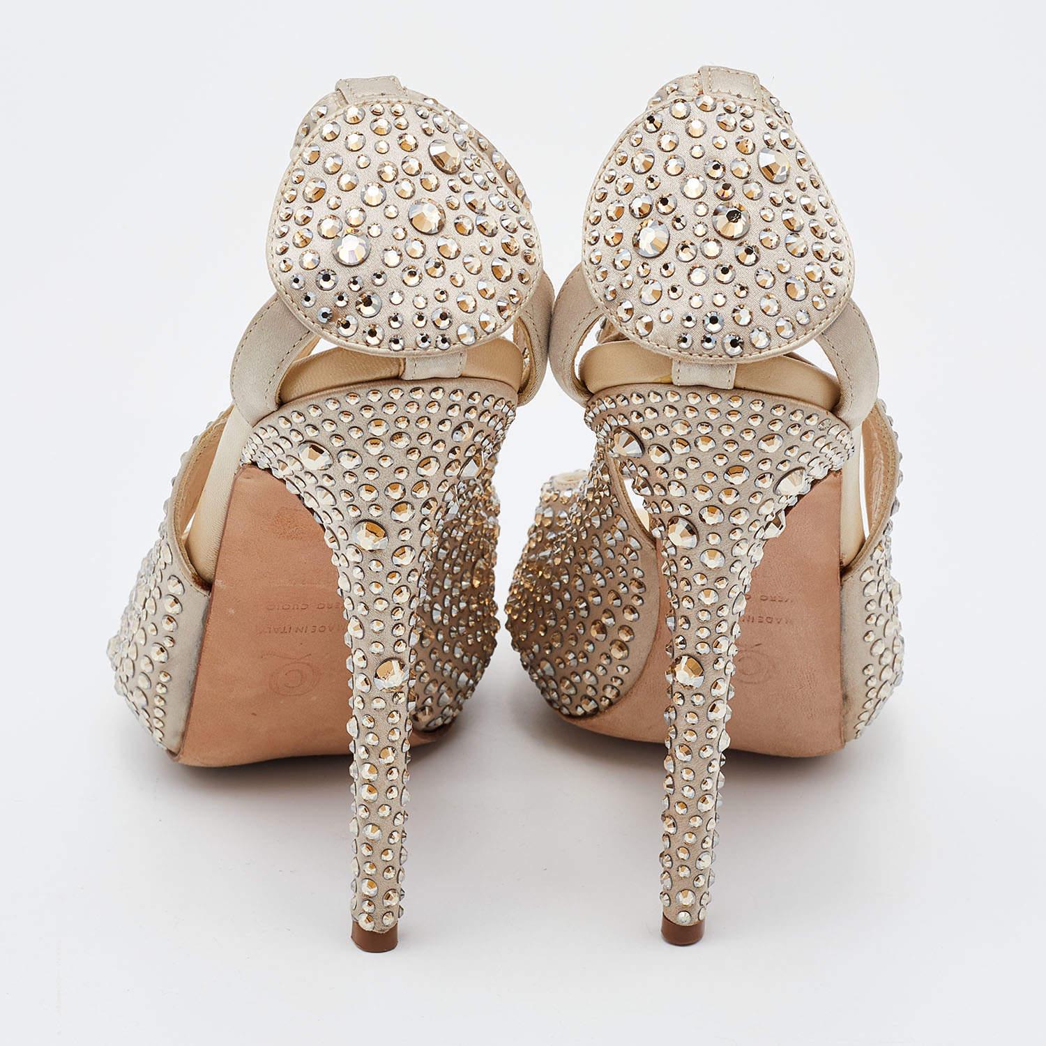 Alexander McQueen Beige Satin Crystal Embellished Peep Toe Pumps Size 38.5 For Sale 1