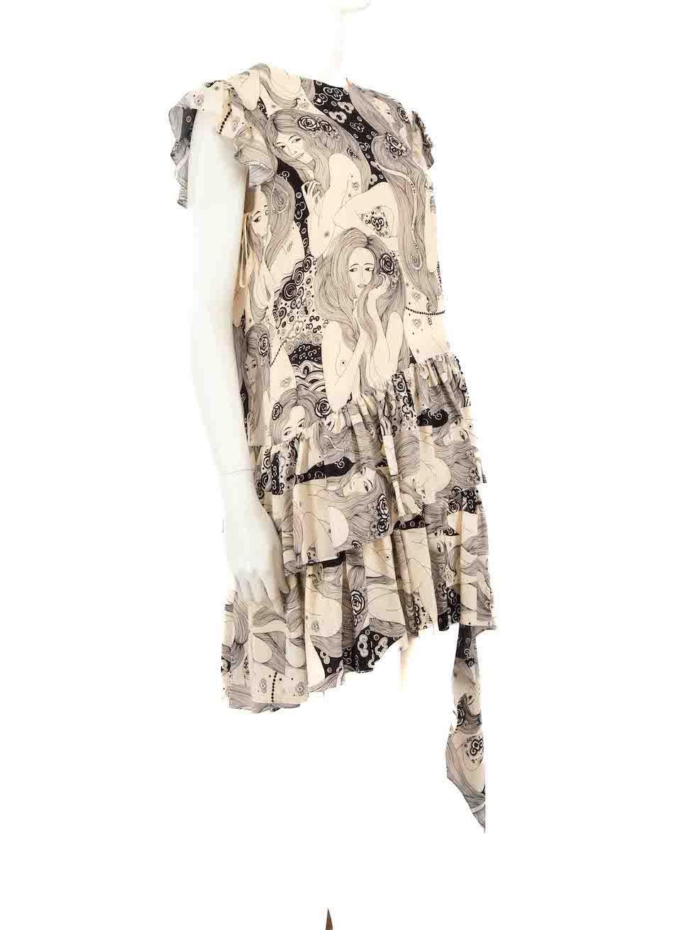 CONDITION is Very good. Hardly any visible wear to dress is evident on this used Alexander McQueen designer resale item.
 
 
 
 Details
 
 
 Beige
 
 Silk
 
 Dress
 
 Black Eve print
 
 Round neck
 
 Sleeveless
 
 Ruffle trim
 
 Back zip fastening
