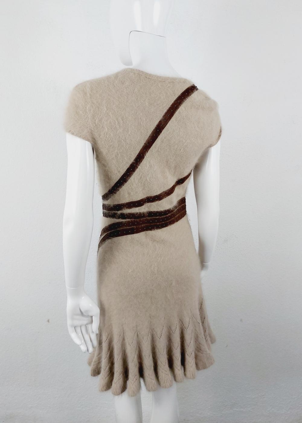 Alexander Mcqueen Beige Tan Angora Leather Knit Asymmetrical Cocktail Dress 6