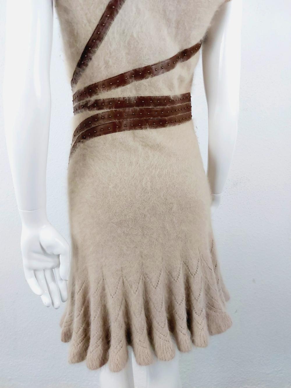 Alexander Mcqueen Beige Tan Angora Leather Knit Asymmetrical Cocktail Dress 8