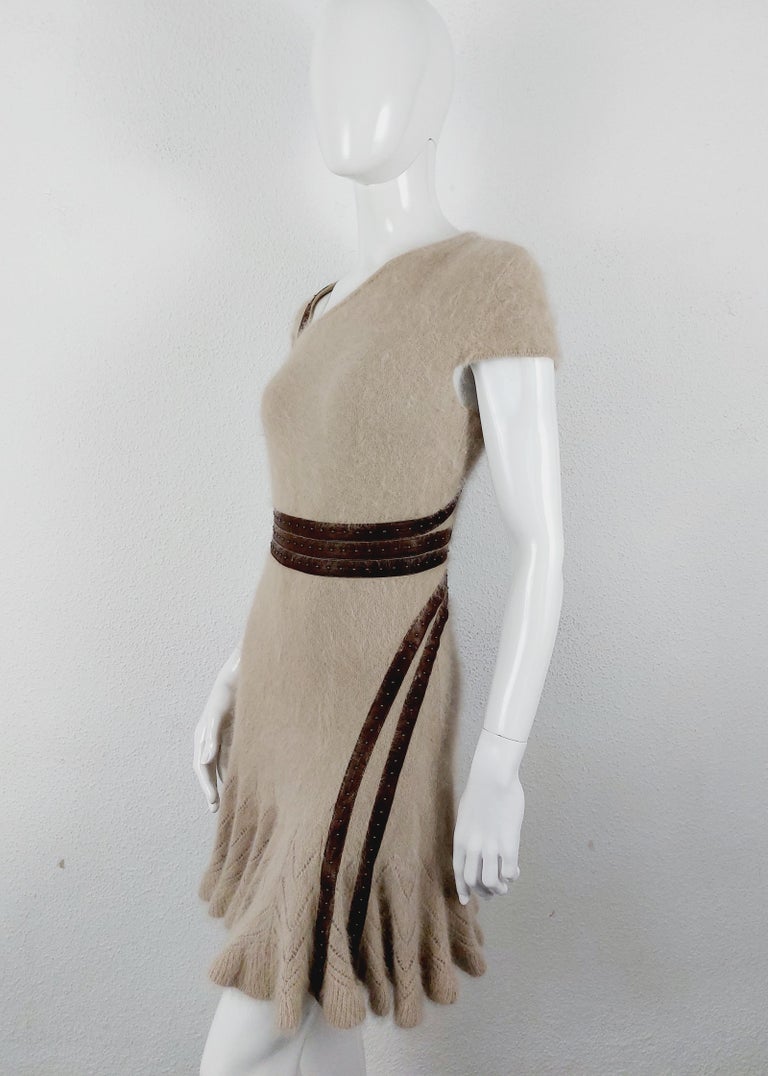 Alexander Mcqueen Beige Tan Angora Leather Knit Asymmetrical Cocktail Dress  For Sale at 1stDibs