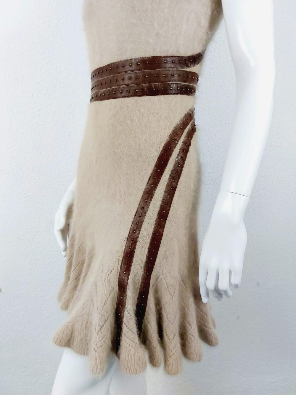 Alexander Mcqueen Beige Tan Angora Leather Knit Asymmetrical Cocktail Dress 3