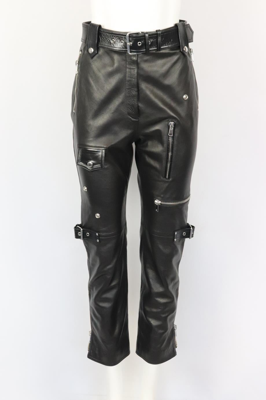 Alexander McQueen belted zip detailed leather straight leg pants. Black. Hook, eye and zip fastening at front. 100% Leather; lining: 100% viscose. Size: IT 42 (UK 10, US 6, FR 38). Waist: 27.4 in. Hips: 35.6 in. Length: 39.3 in. Inseam: 26 in. Rise: