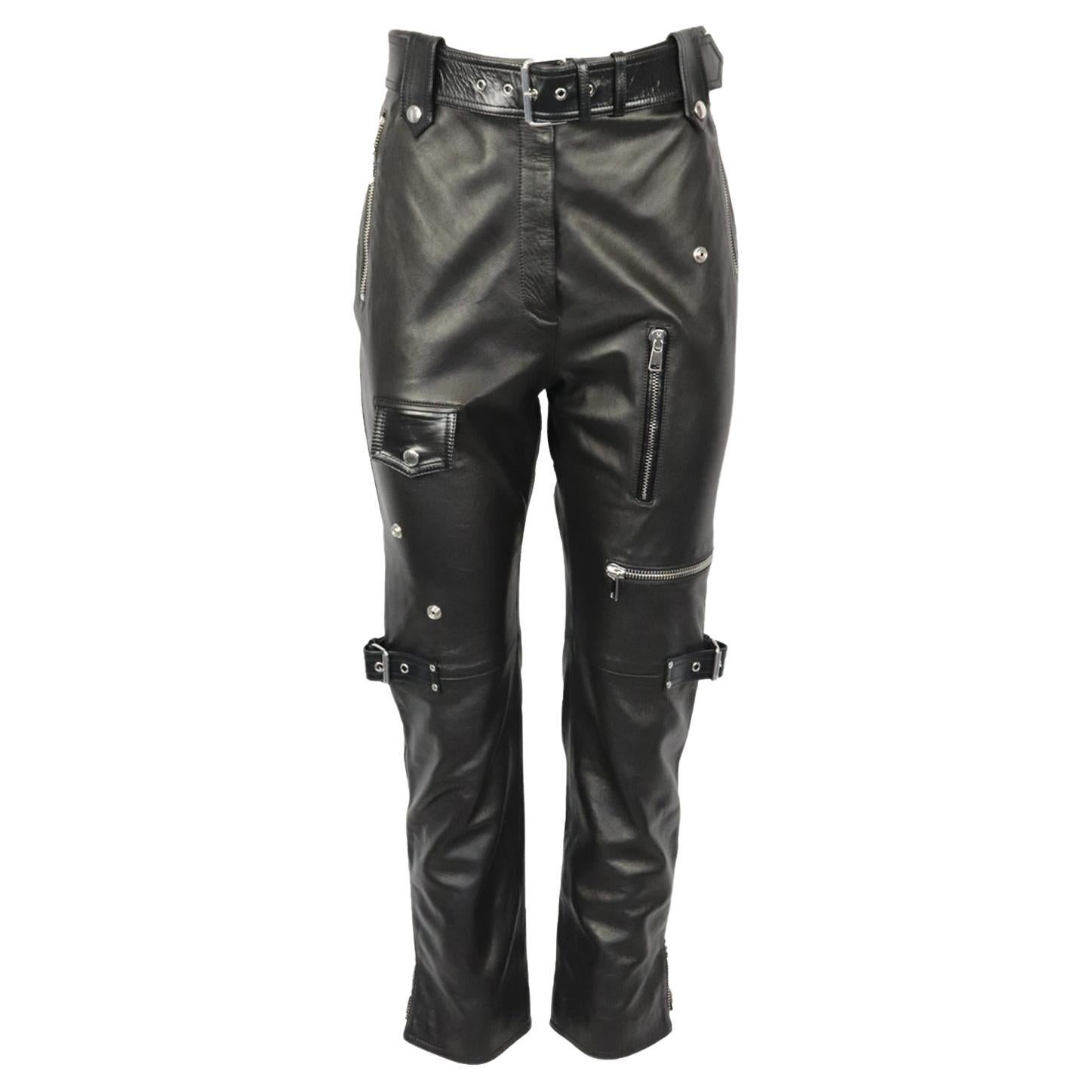 Alexander Mcqueen Belted Zip Detailed Leather Straight Leg Pants It 42 Uk 10