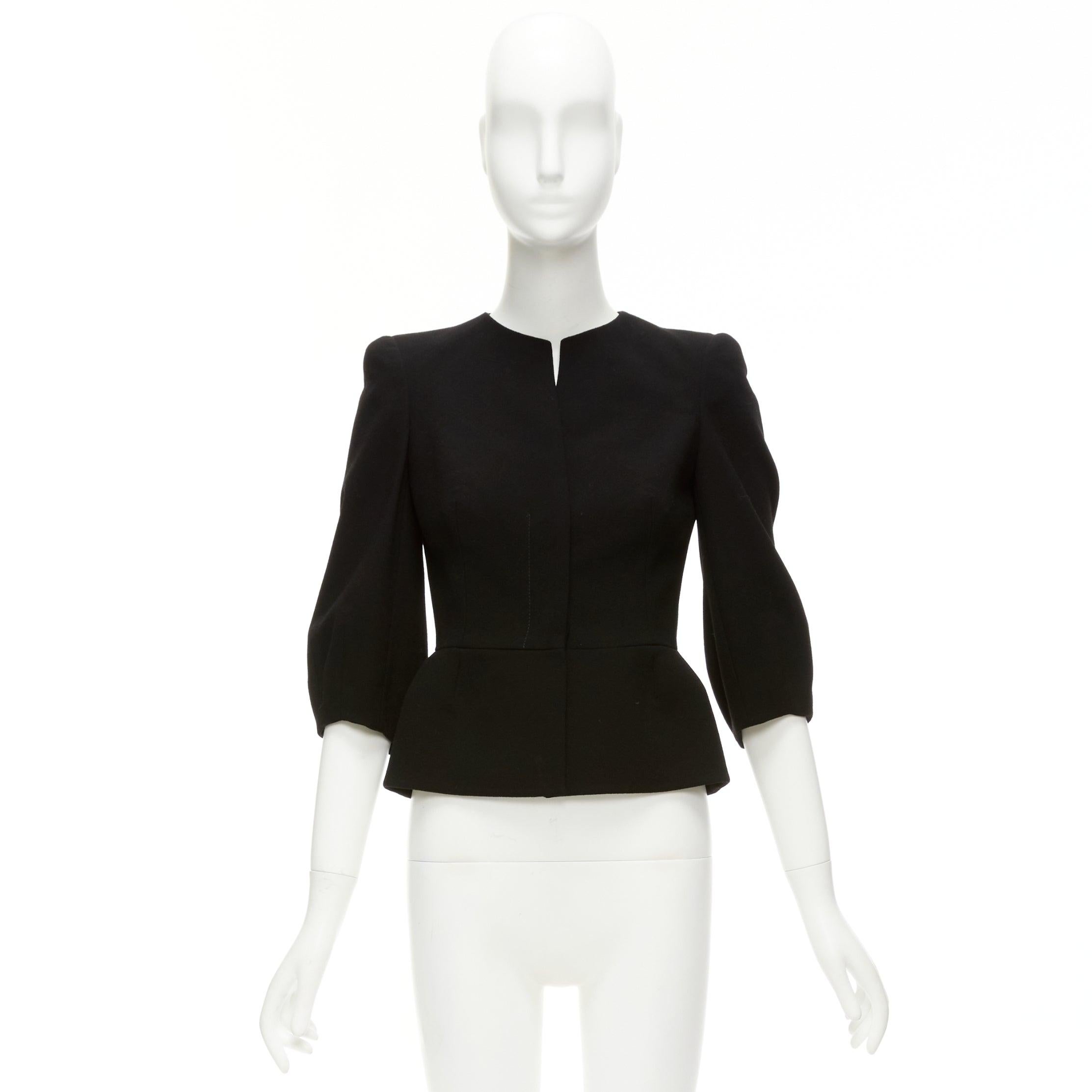 ALEXANDER MCQUEEN black 100% wool cropped sleeve peplum jacket IT38 XS For Sale 5