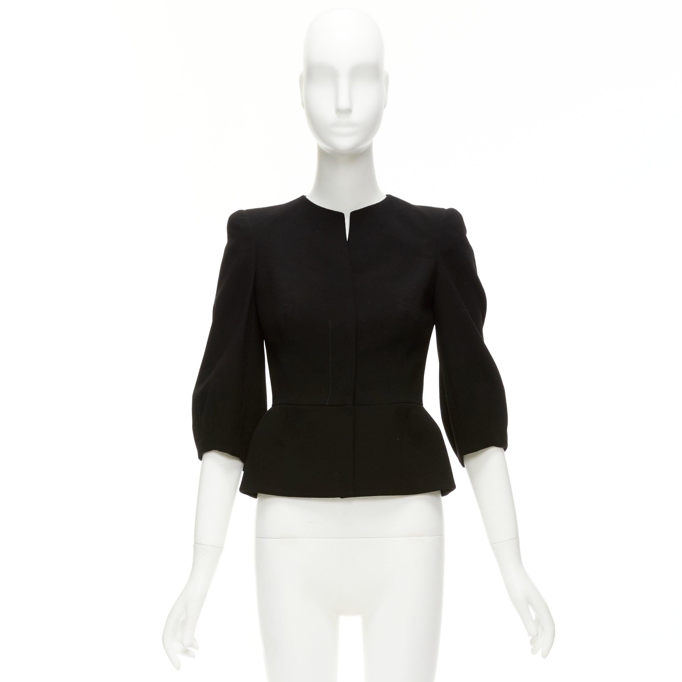 ALEXANDER MCQUEEN black 100% wool cropped sleeve peplum jacket IT38 XS For Sale 6