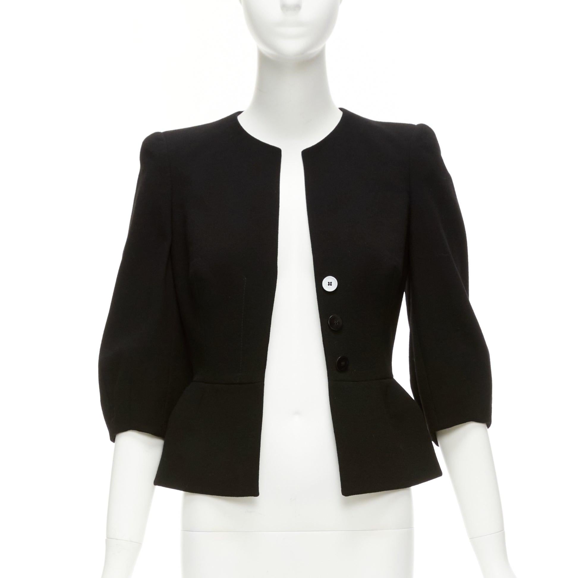 ALEXANDER MCQUEEN black 100% wool cropped sleeve peplum jacket IT38 XS In Excellent Condition For Sale In Hong Kong, NT