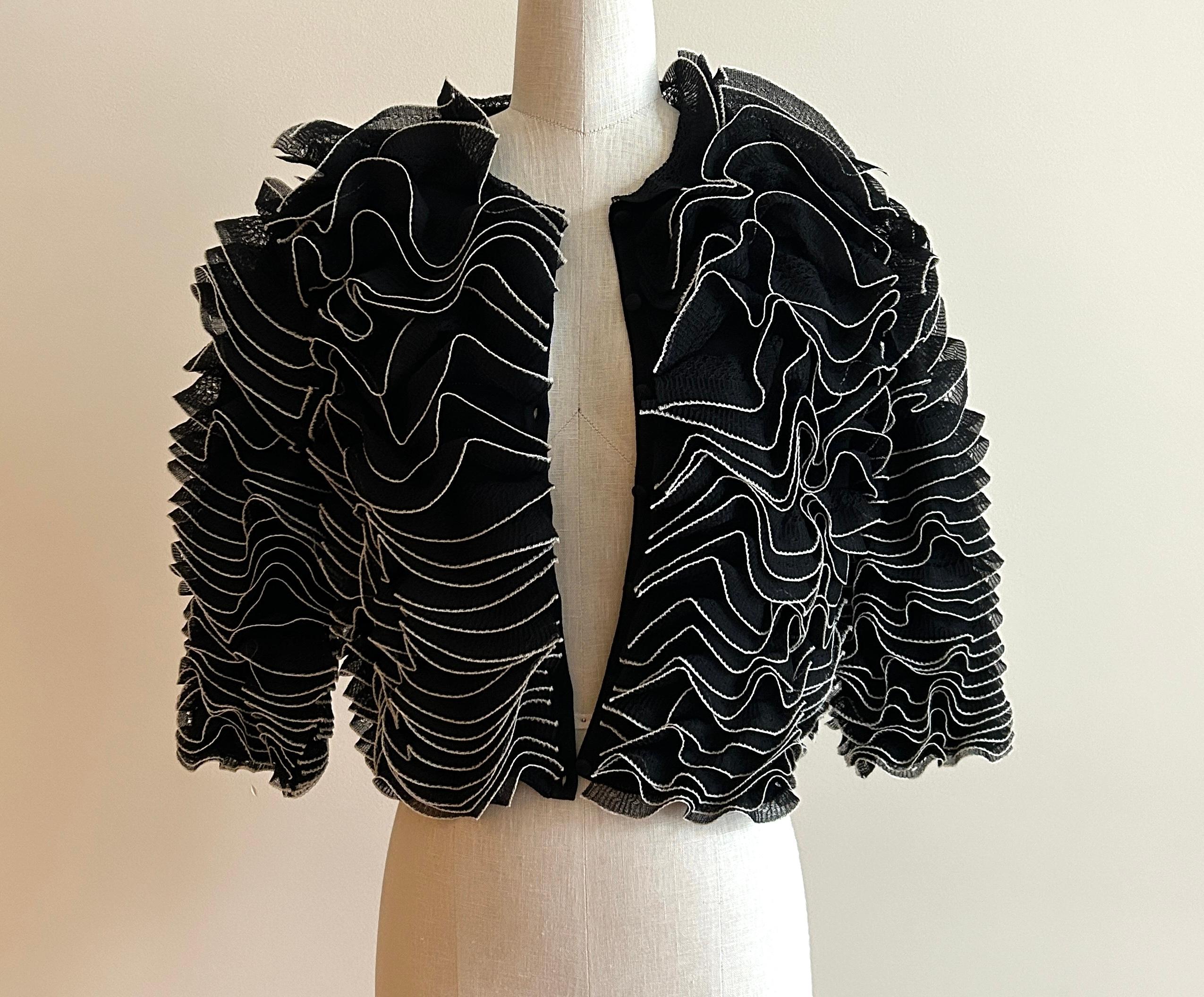 Alexander McQueen Black and Ivory White Knit Ruffle Frill Cardigan Jacket In Excellent Condition In San Francisco, CA