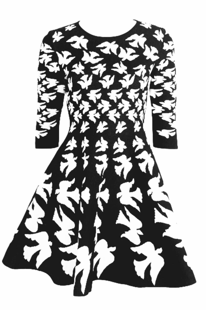 Alexander McQueen Black and White Silk and Poly Knit Swallow Dress 2