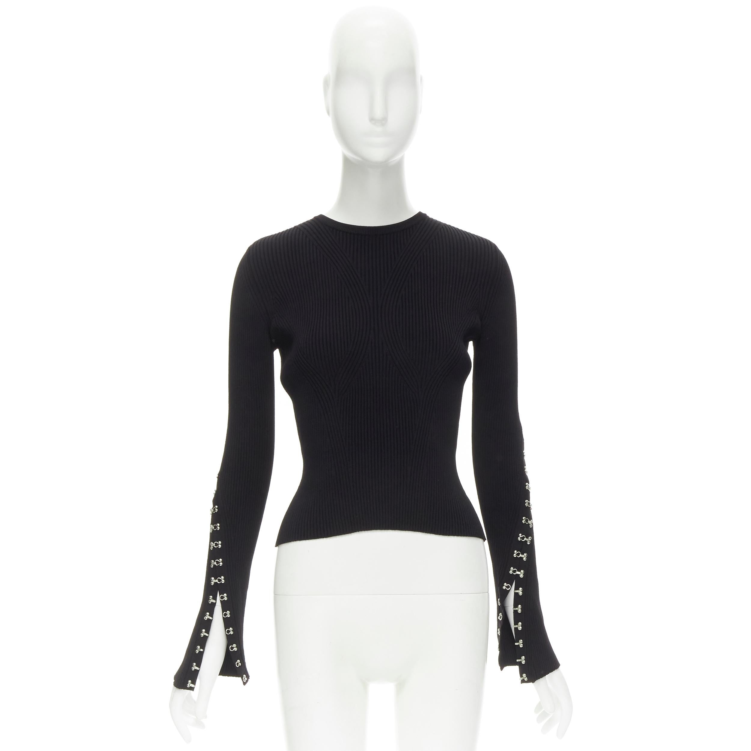 ALEXANDER MCQUEEN black body-con ribbed silver butterfly eyelet cuff cropped top 1