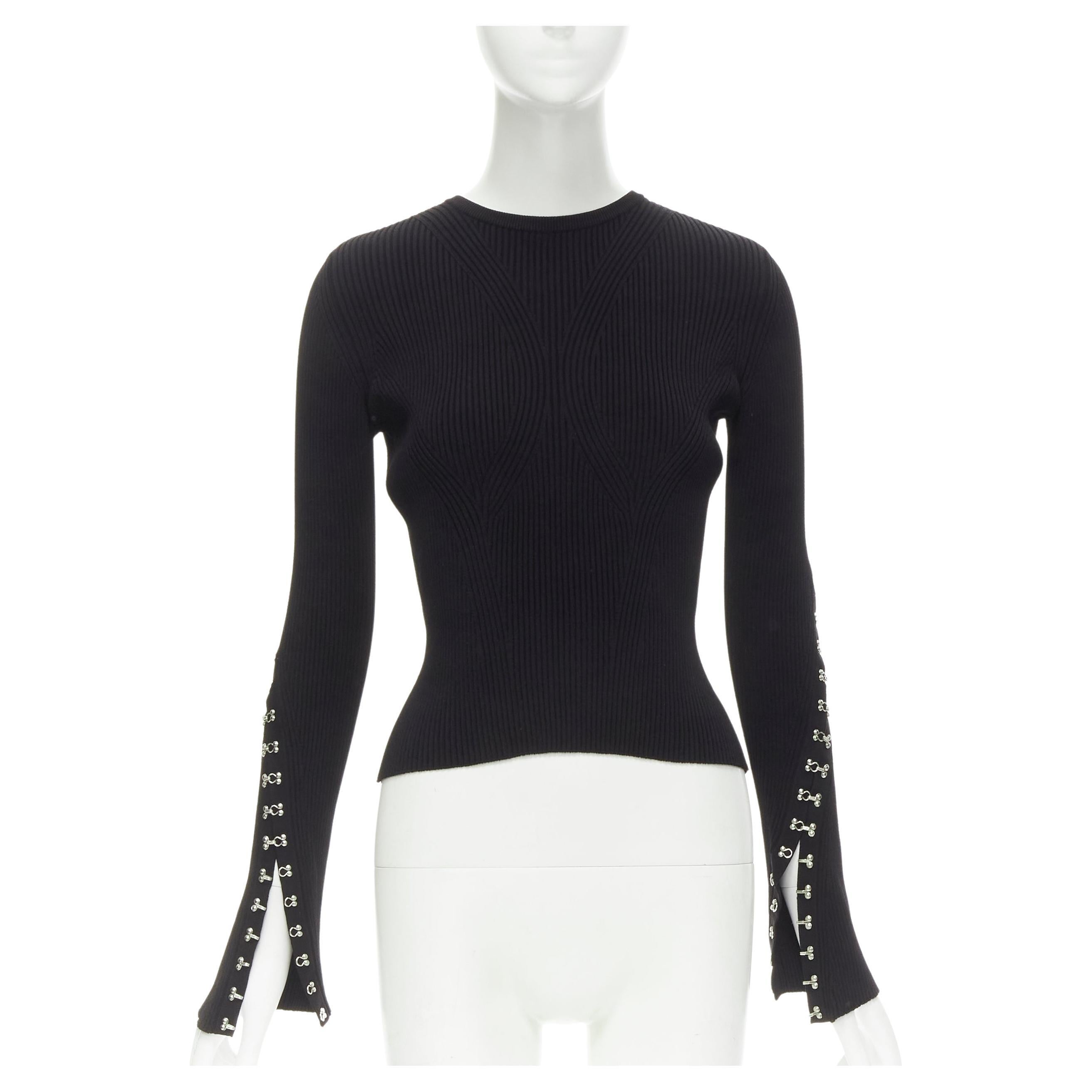 ALEXANDER MCQUEEN black body-con ribbed silver butterfly eyelet cuff cropped top