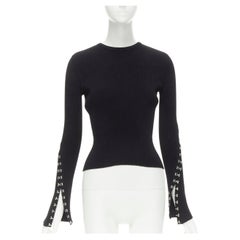 ALEXANDER MCQUEEN black body-con ribbed silver butterfly eyelet cuff cropped top