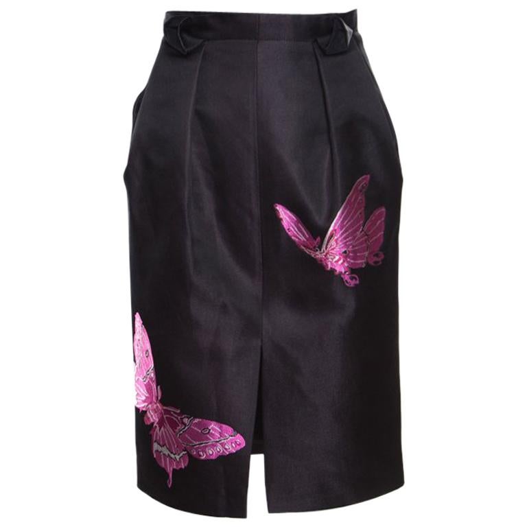 Alexander McQueen Black Butterfly Motif Detail Silk Pencil Skirt M