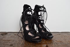 Alexander McQueen Black Calf Suede Peep Toe Lace Up Stiletto High Heels