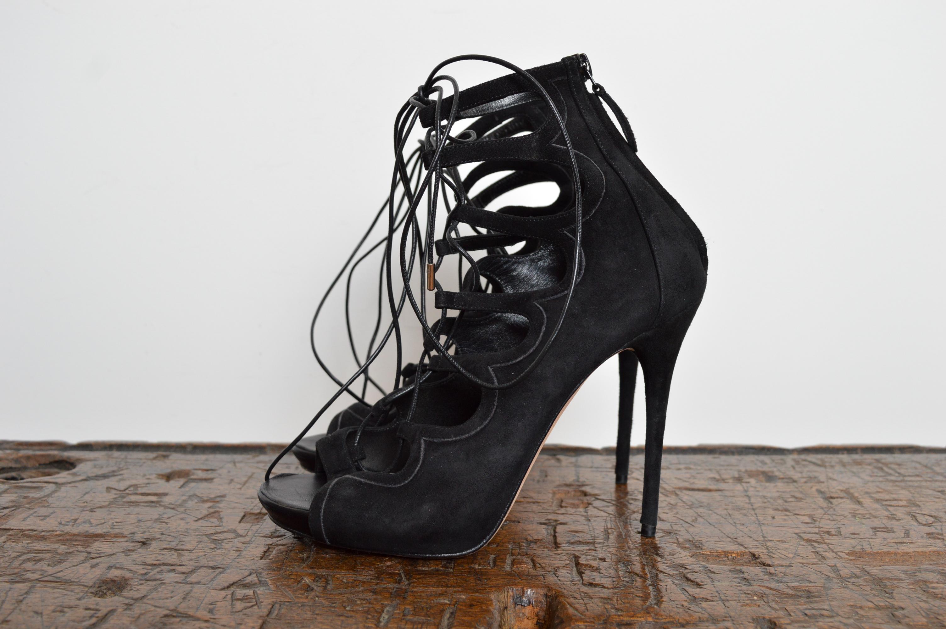 Women's Alexander McQueen Black Calf Suede Peep Toe Lace Up Stiletto High Heels For Sale