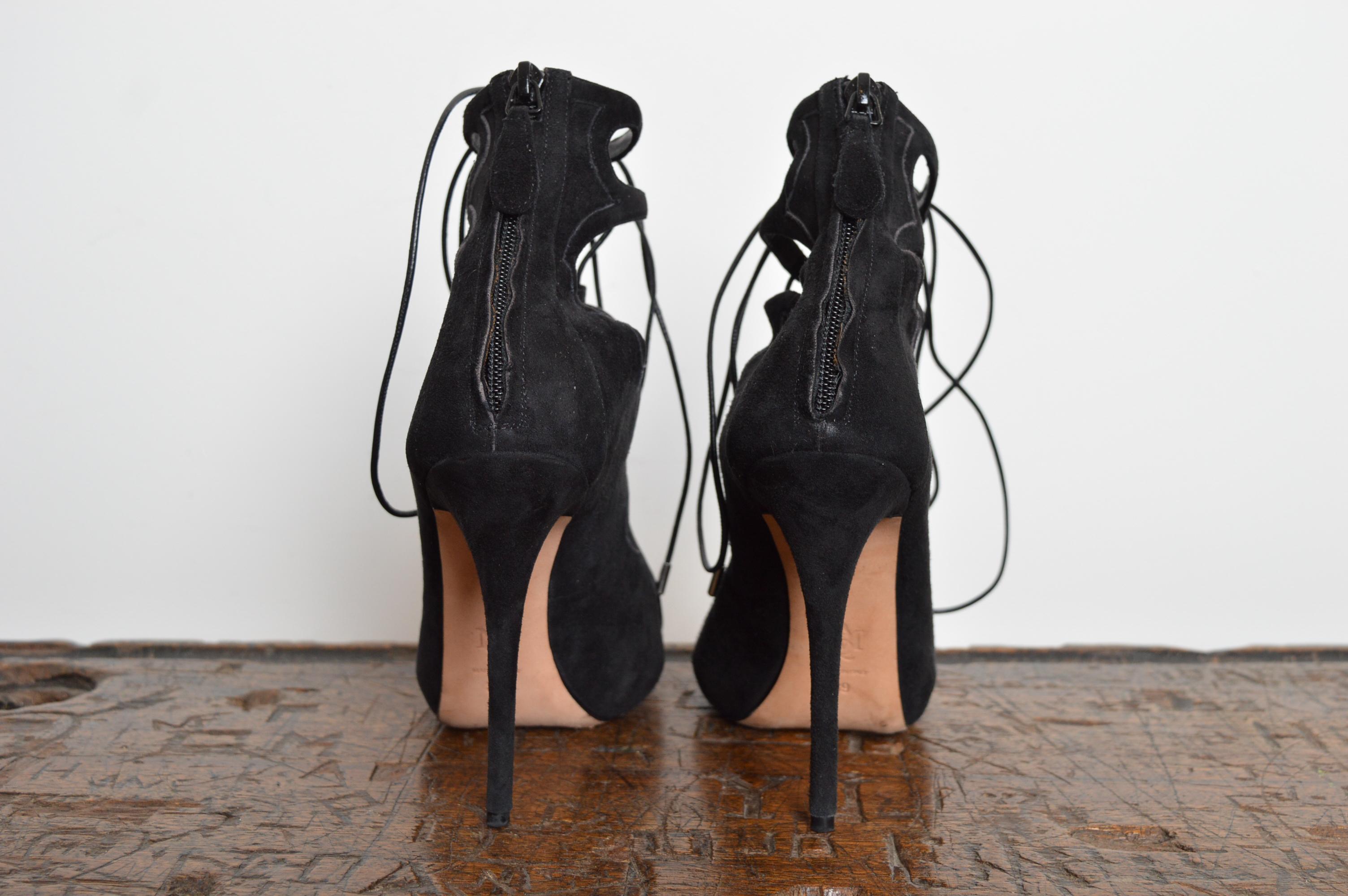 Alexander McQueen Black Calf Suede Peep Toe Lace Up Stiletto High Heels For Sale 1