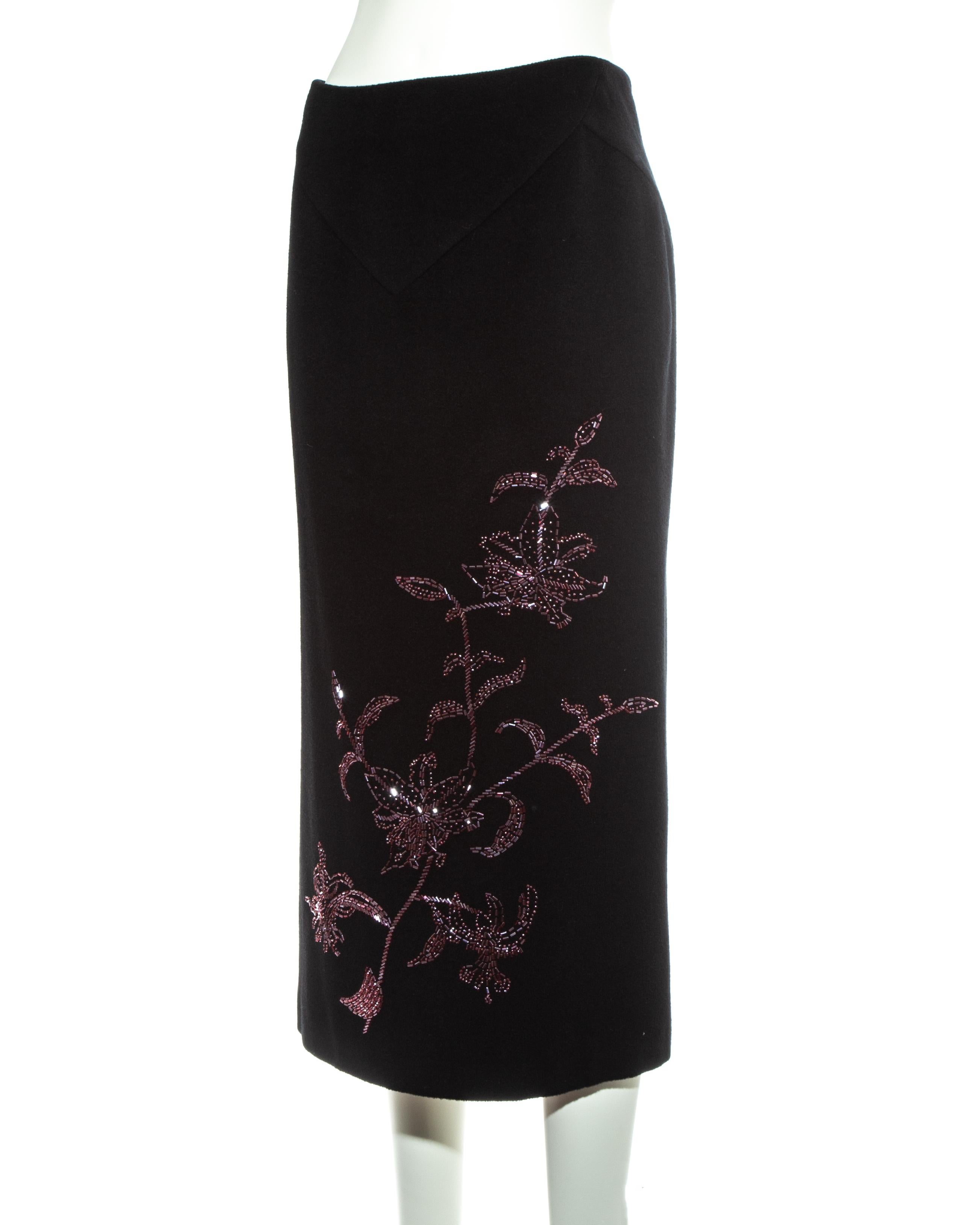 Black Alexander McQueen black cashmere pencil skirt with red floral beading, fw 1998