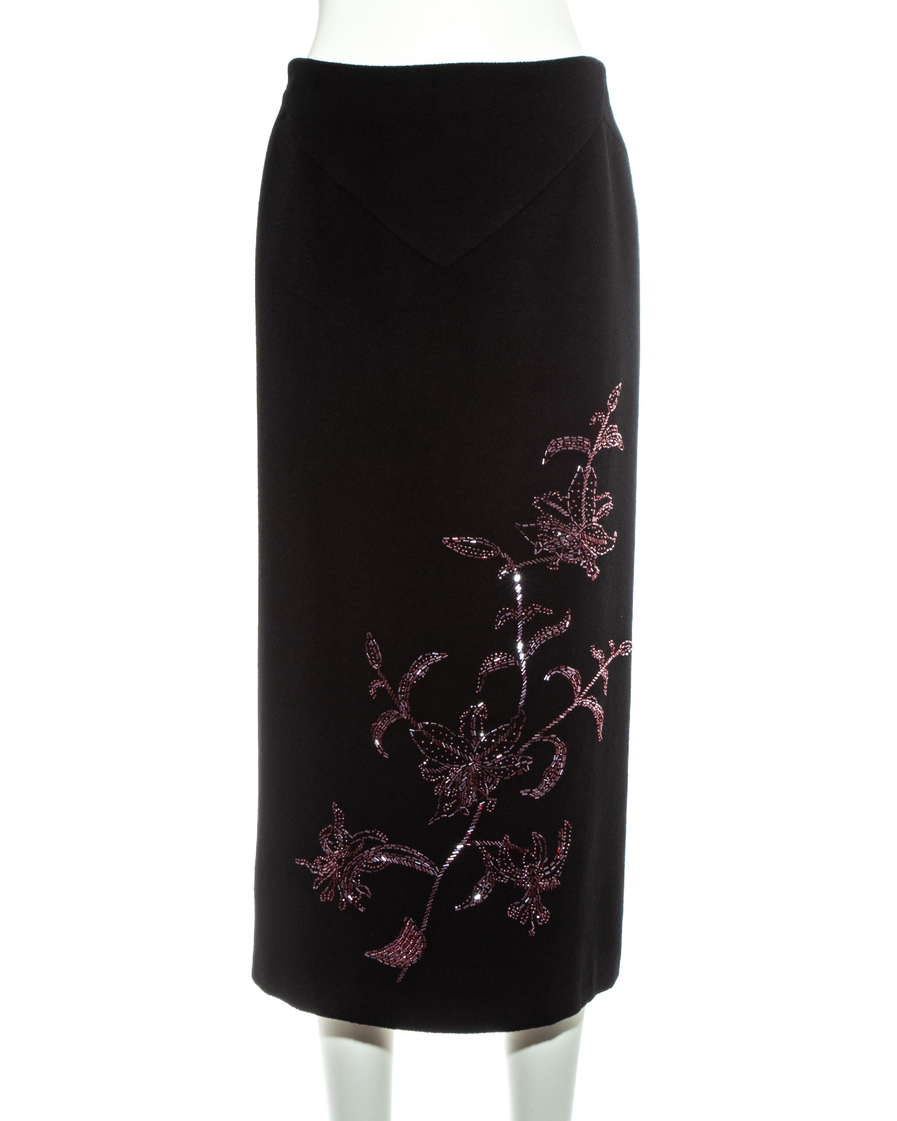 Alexander McQueen black cashmere pencil skirt with red floral beading, fw 1998 1