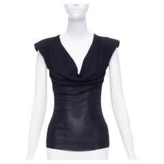 ALEXANDER MCQUEEN black cowl drape neck shoulder pads fitted top