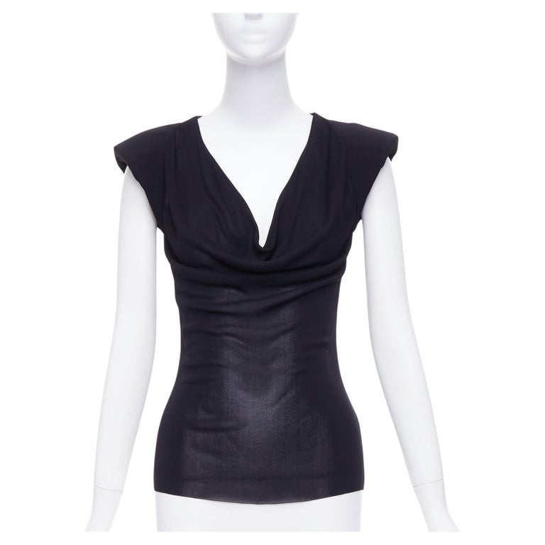 ALEXANDER MCQUEEN black cowl drape neck shoulder pads fitted top 