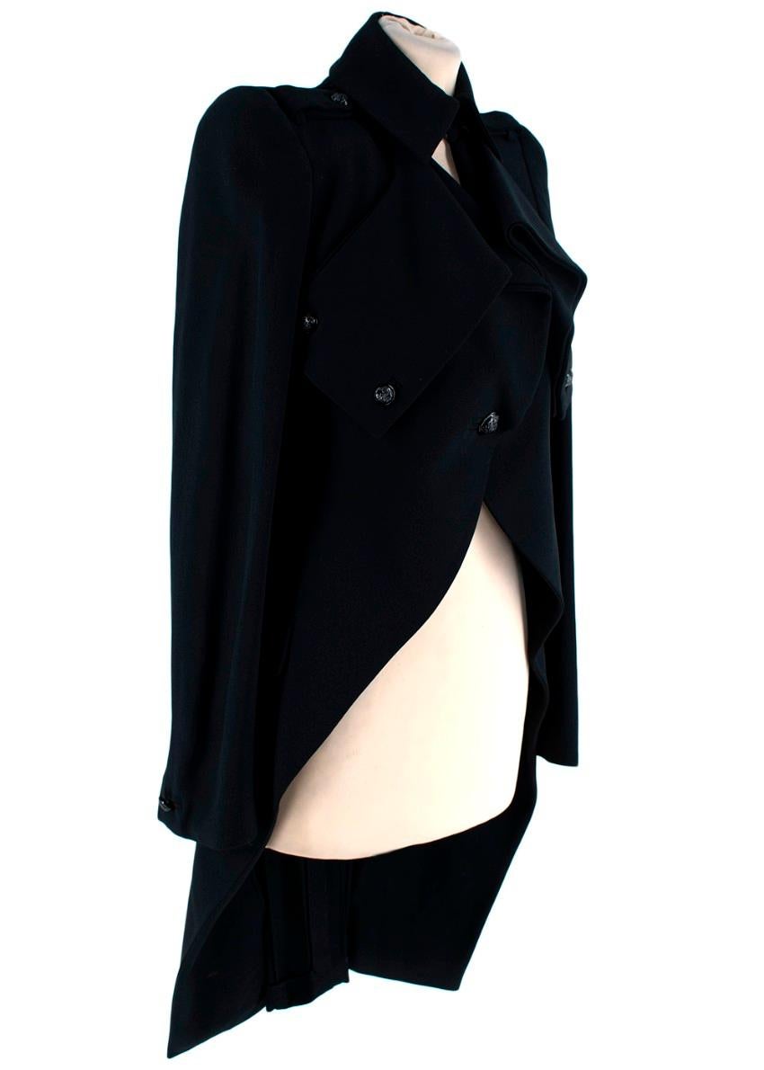 Alexander McQueen Black Crepe Cut-Out Long Tail Coat
 

 - Lightweight black jacket with long tail design
 - Single button closure
 - Pointed collar, epaulettes and flaps to the chest
 - Partially line
 - Padded shoulders
 

 Materials:
 50%